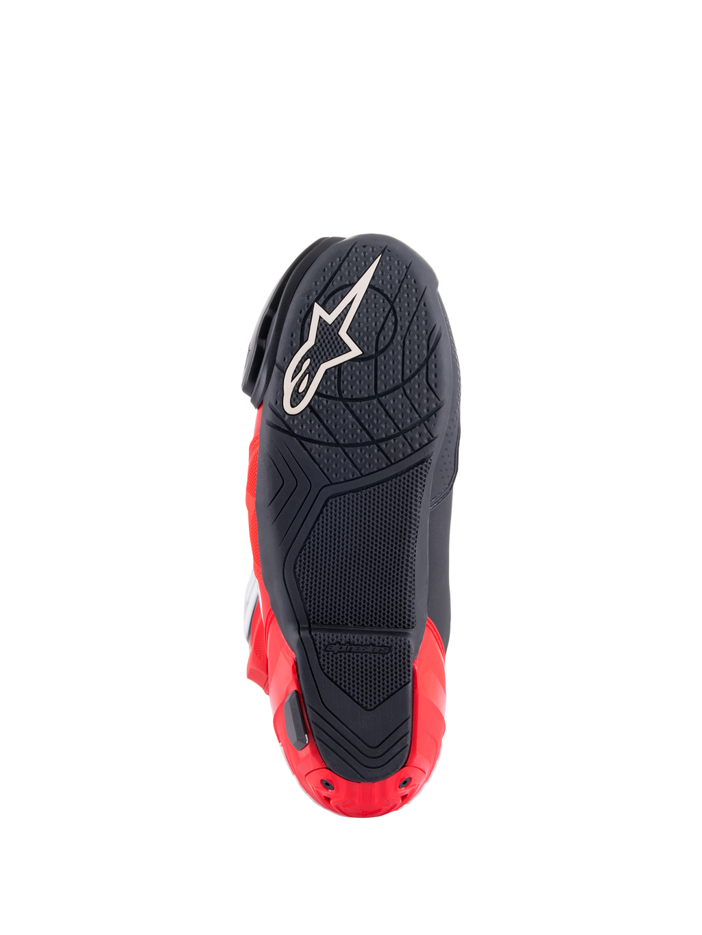 Alpinestars Honda Supertech R laarzen, zoolaanzicht, zwart en felrood, met een getextureerde rubbersamenstelling voor grip, wit Astar-logo op de voorvoet en rode hielplaat-slider, hoogwaardige motorlaarzen voor races.