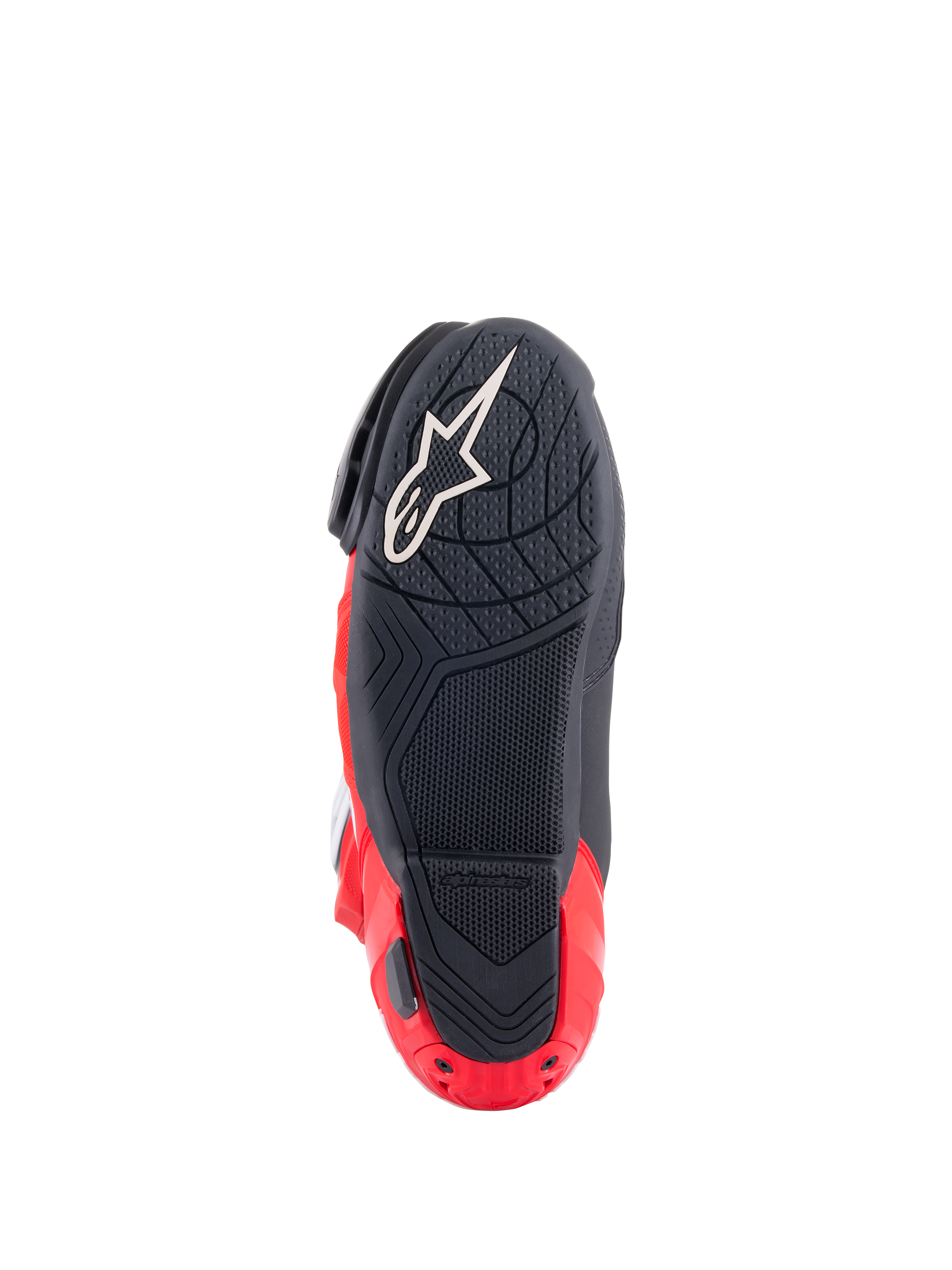 Alpinestars Honda Supertech R laarzen, zoolaanzicht, zwart en felrood, met een getextureerde rubbersamenstelling voor grip, wit Astar-logo op de voorvoet en rode hielplaat-slider, hoogwaardige motorlaarzen voor races.