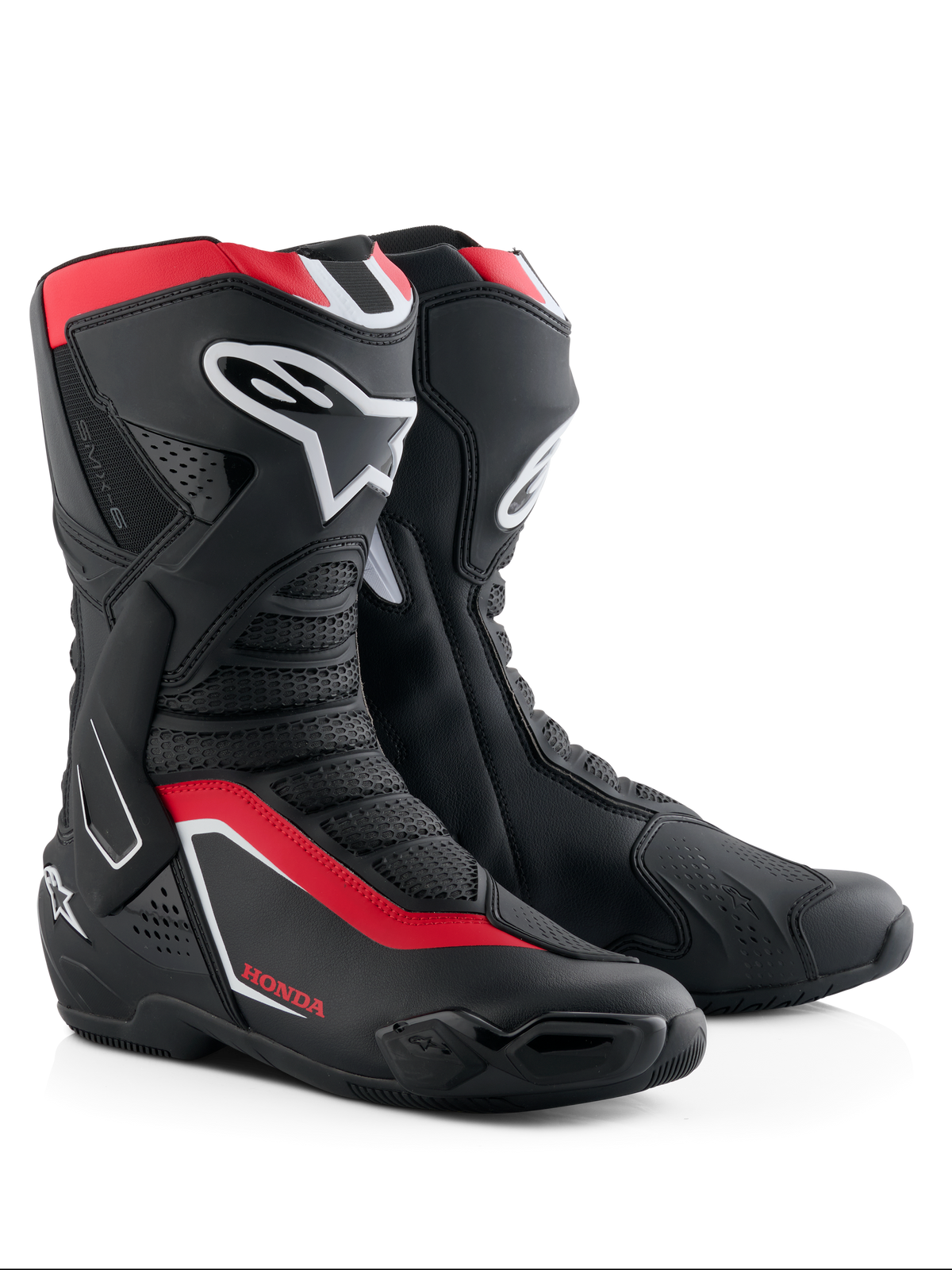 Alpinestars Honda SMX-6 V3 laarzen, performance motorlaarzen, zwart, felrood en wit, voorzien van TPU scheenbeen- en enkelbescherming, geventileerde mesh-panelen en een modern aerodynamisch profiel met Honda-branding.