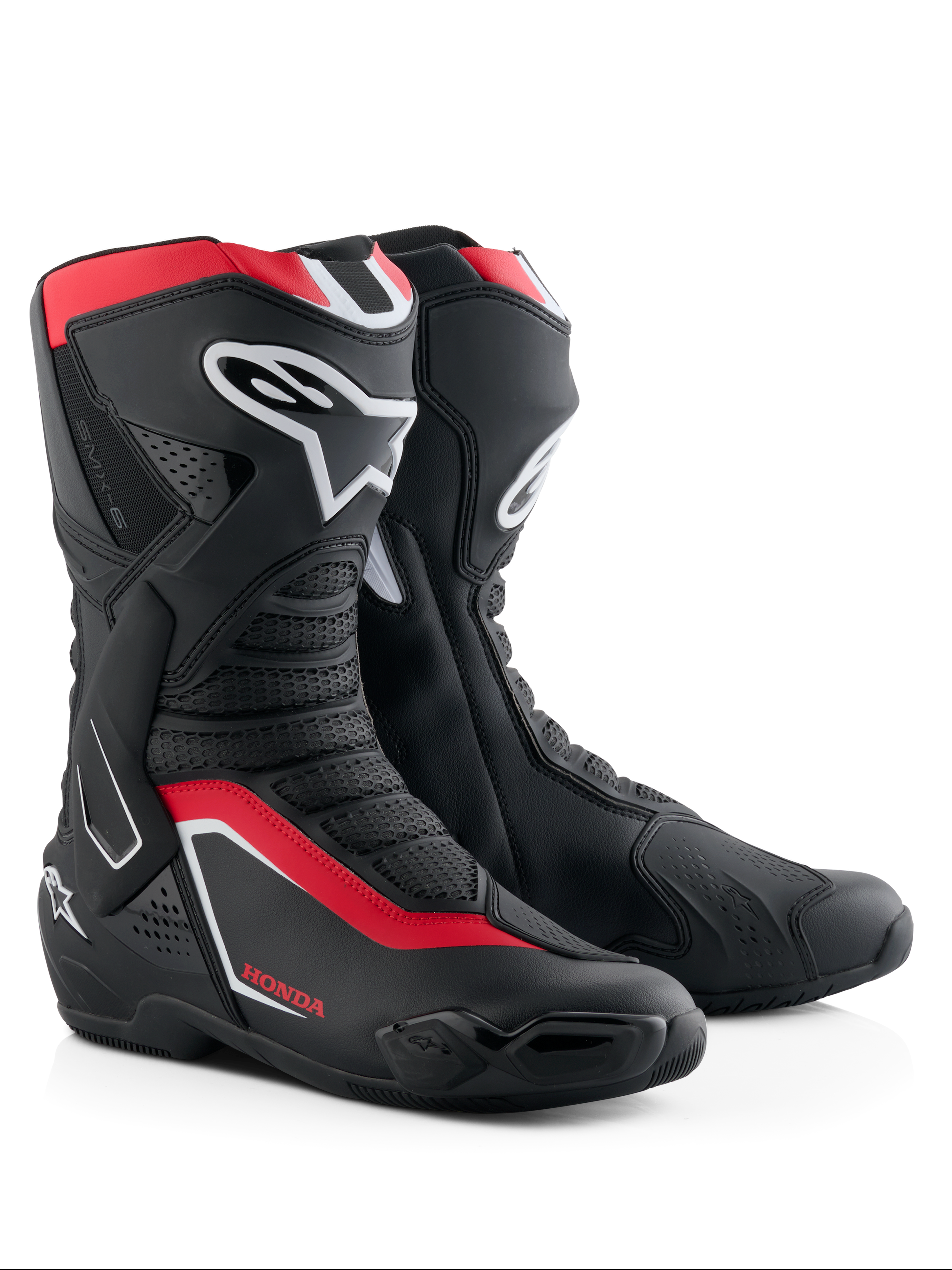 Alpinestars Honda SMX-6 V3 laarzen, performance motorlaarzen, zwart, felrood en wit, voorzien van TPU scheenbeen- en enkelbescherming, geventileerde mesh-panelen en een modern aerodynamisch profiel met Honda-branding.