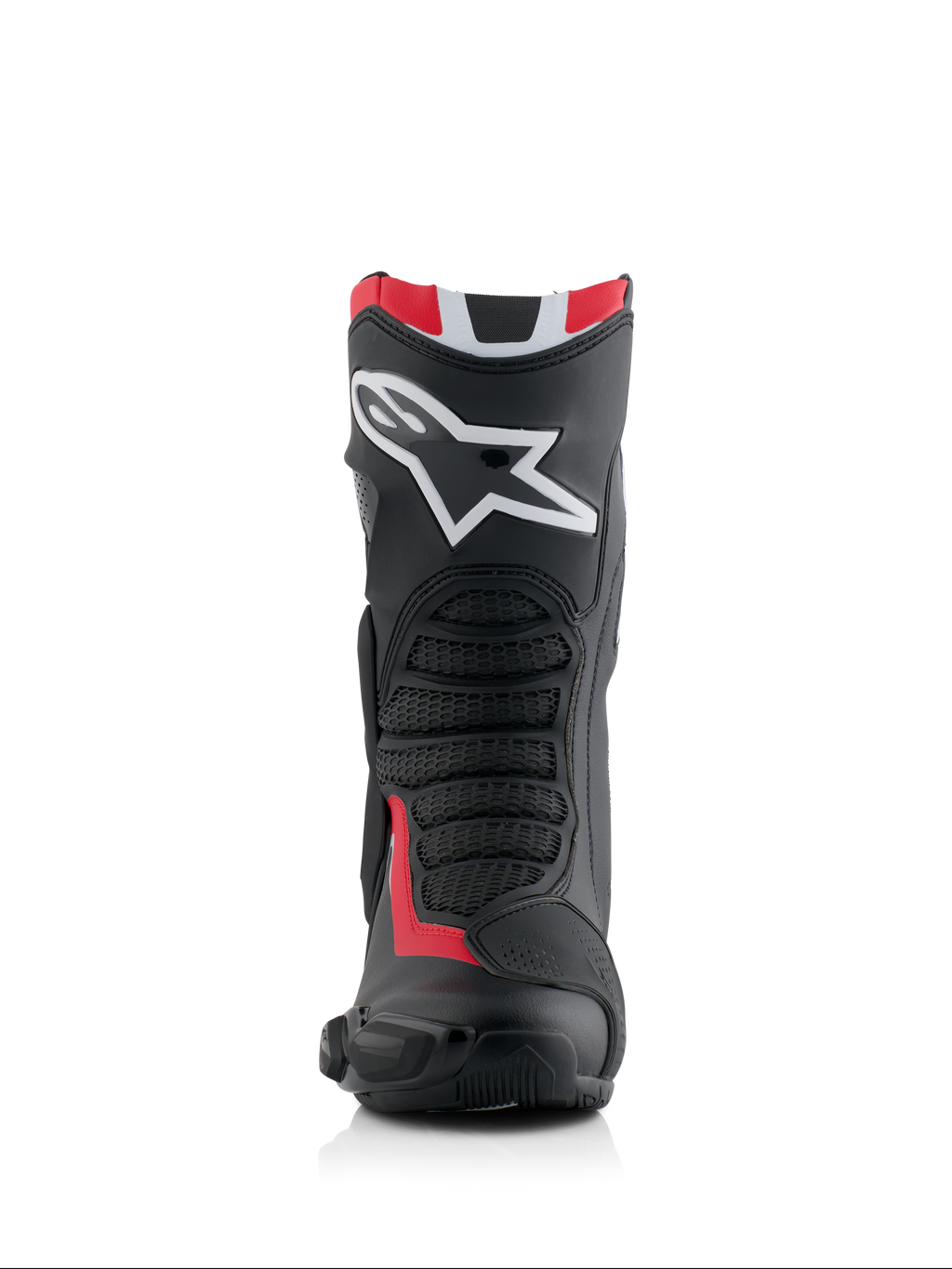 Alpinestars Honda SMX-6 V3 laarzen, prestatiegerichte motorlaarzen, zwart, felrood en wit, vooraanzicht met groot wit Alpinestars-logo op de scheenbeschermer, gestructureerde mesh flex-zones en aerodynamisch beschermend profiel