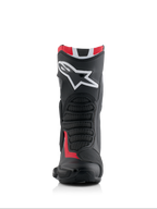 Alpinestars Honda SMX-6 V3 laarzen, prestatiegerichte motorlaarzen, zwart, felrood en wit, vooraanzicht met groot wit Alpinestars-logo op de scheenbeschermer, gestructureerde mesh flex-zones en aerodynamisch beschermend profiel