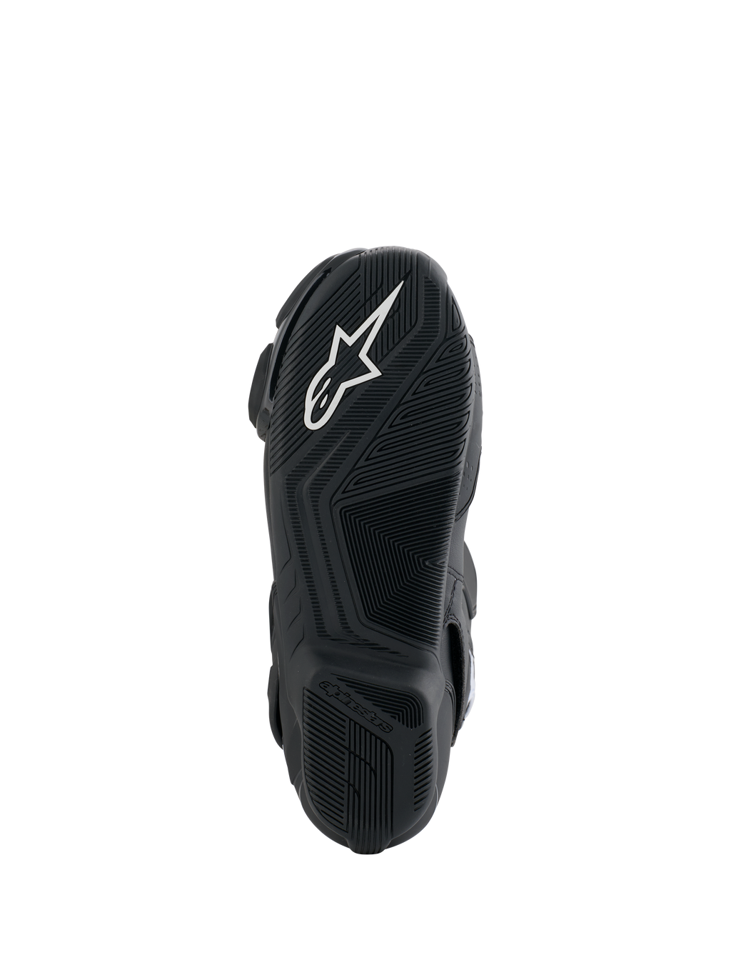 Alpinestars Honda SMX-6 V3 laarzen, onderkant zool, zwarte rubberen buitenzool met wit Alpinestars-logo, getextureerd gripontwerp voor precisie op de bedieningselementen van de motor