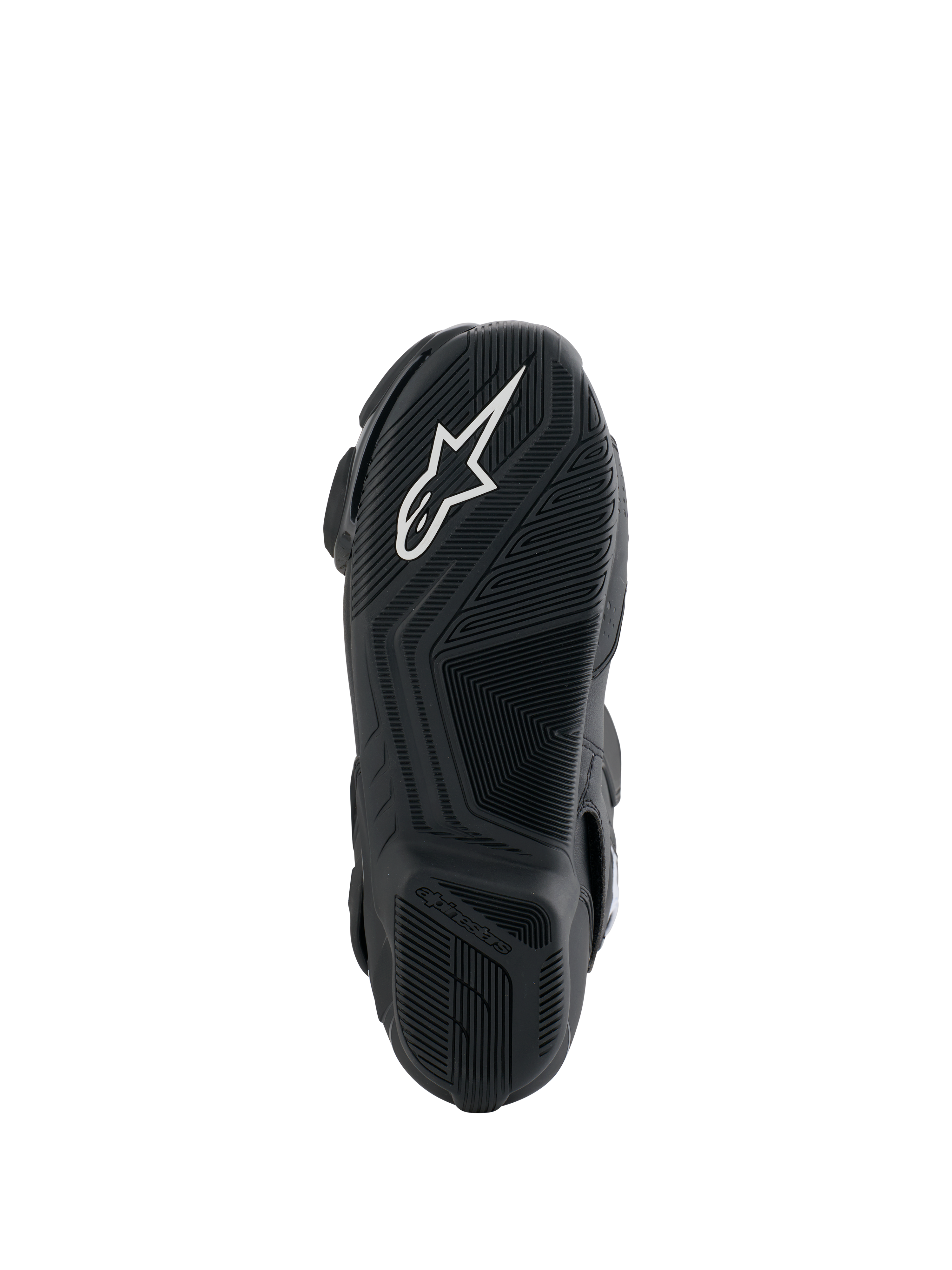 Alpinestars Honda SMX-6 V3 laarzen, onderkant zool, zwarte rubberen buitenzool met wit Alpinestars-logo, getextureerd gripontwerp voor precisie op de bedieningselementen van de motor