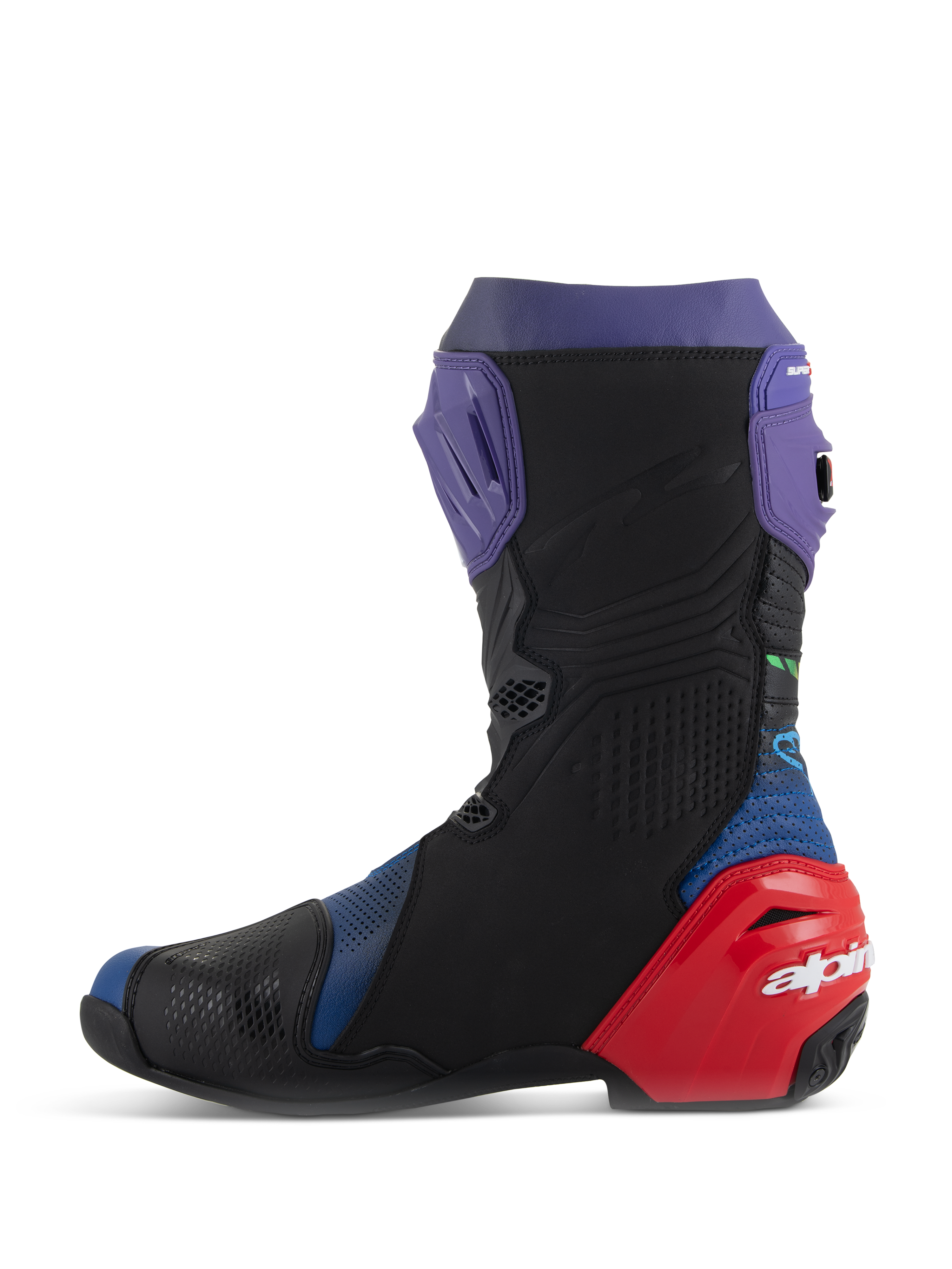 Alpinestars Supertech R LE Martinator R01 Vented laarzen, race-motorlaarzen, blauw, paars, rood en zwart, zijprofiel met geperforeerd microvezel, paarse scheenplaat en rode hielbeschermer met witte branding.