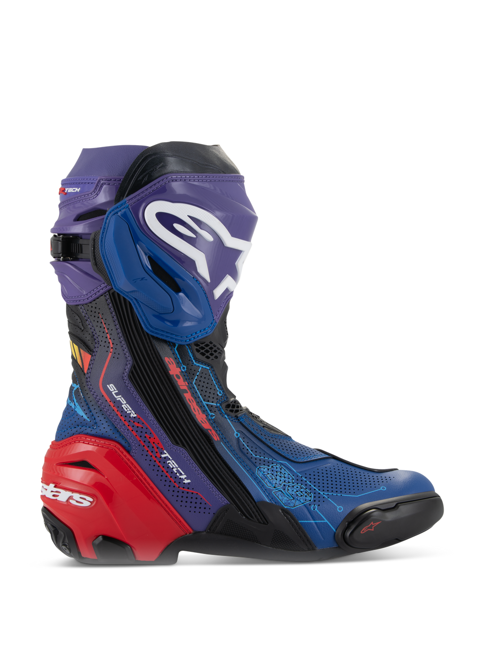 Alpinestars Supertech R LE Martinator R01 Vented Boots, high-performance racing motorcycle boots, vibrant blue purple and red colorway, featuring a perforated microfiber chassis, prominent white Alpinestars logo on the shin plate, and a reinforced red heel protector
