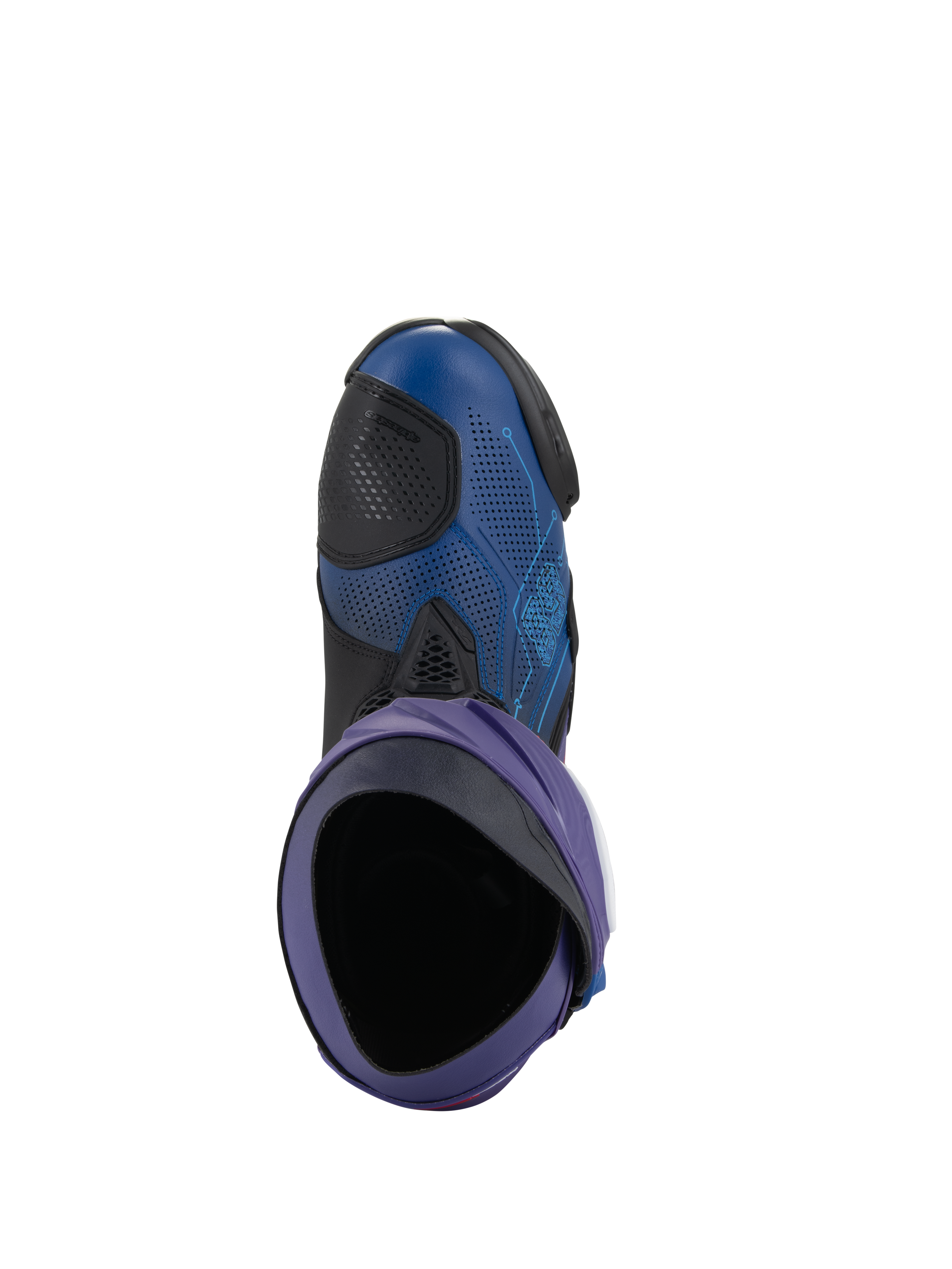 Alpinestars Supertech R LE Martinator R01 Vented laarzen, motorrace-laarzen, blauw en paars met zwarte accenten, bovenaanzicht met zicht in de laars, geperforeerd microvezel bovenwerk en race-ontwerp