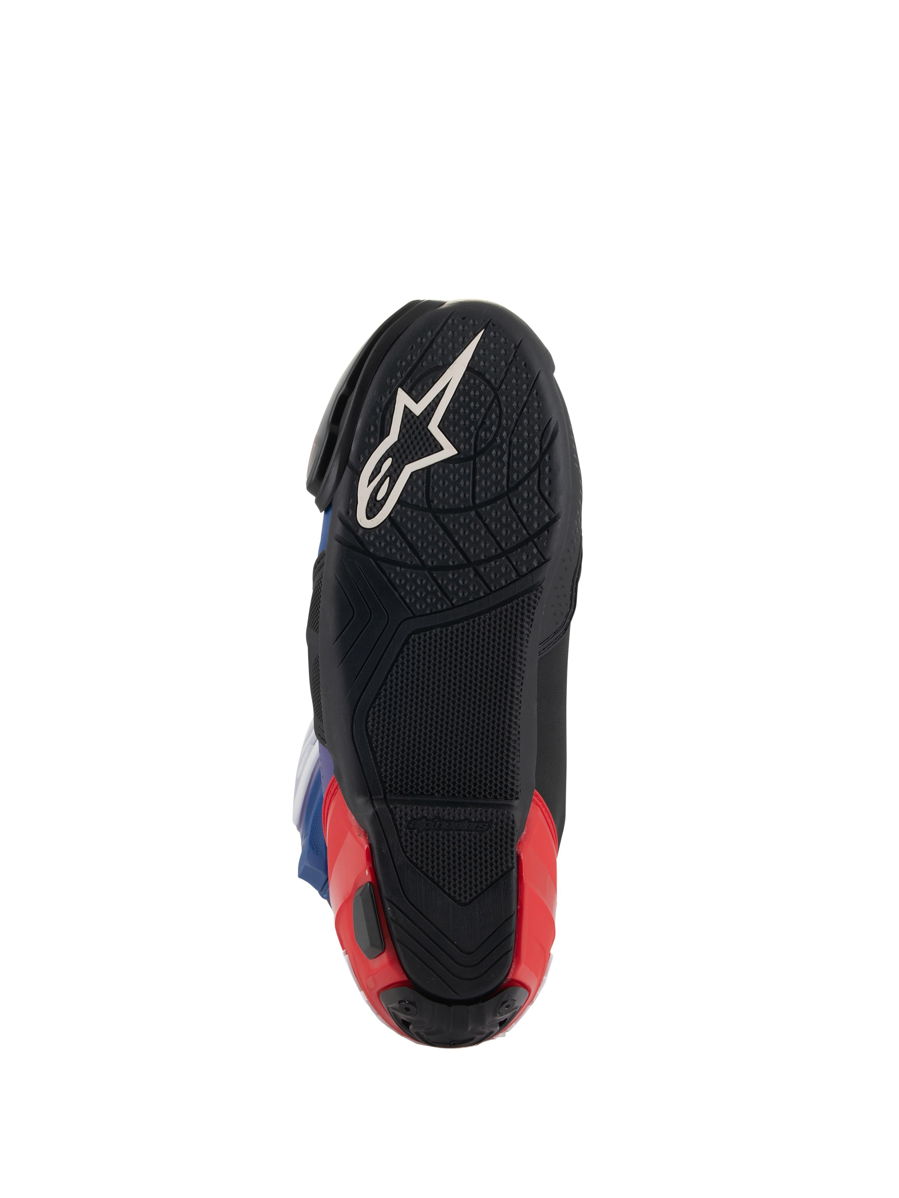Alpinestars Supertech R LE Martinator R01 Vented laarzen, zoolaanzicht, zwart met wit Astars-logo en rode hiel, getextureerde rubbersamenstelling voor grip, performance racelaars
