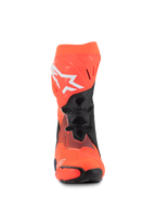 Alpinestars Supertech R Vented MM93 Replica laarzen, race-motorlaarzen, fluorood, donkerblauw en zwart, vooraanzicht met mesh ventilatie, wit Alpinestars-logo en duurzame microvezelconstructie