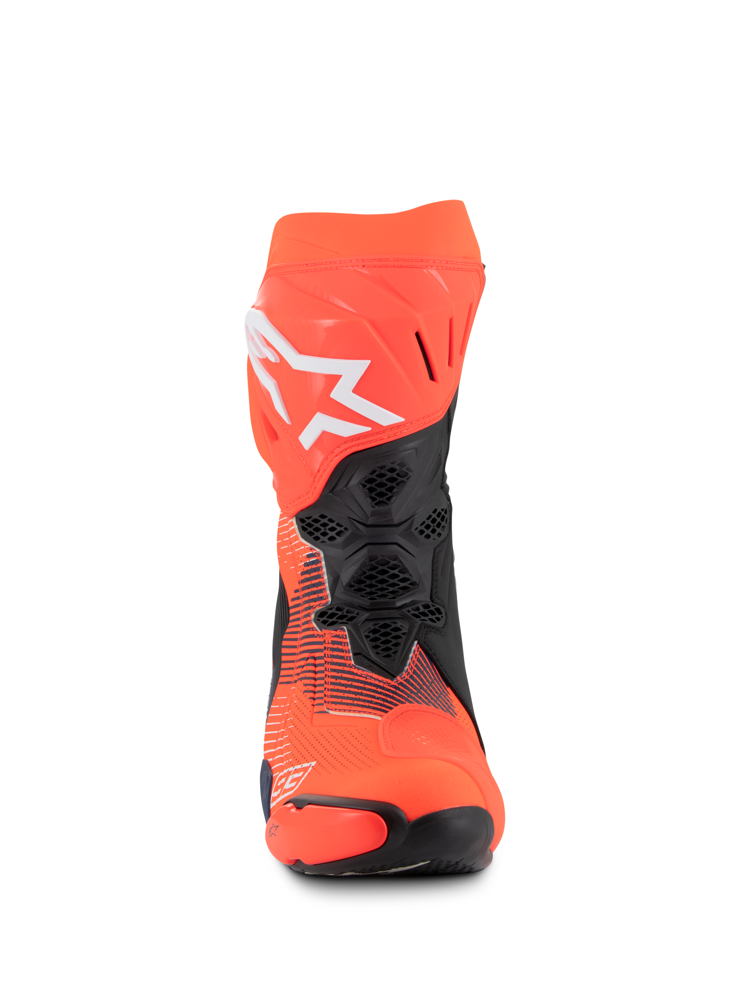 Alpinestars Supertech R Vented MM93 Replica laarzen, race-motorlaarzen, fluorood, donkerblauw en zwart, vooraanzicht met mesh ventilatie, wit Alpinestars-logo en duurzame microvezelconstructie