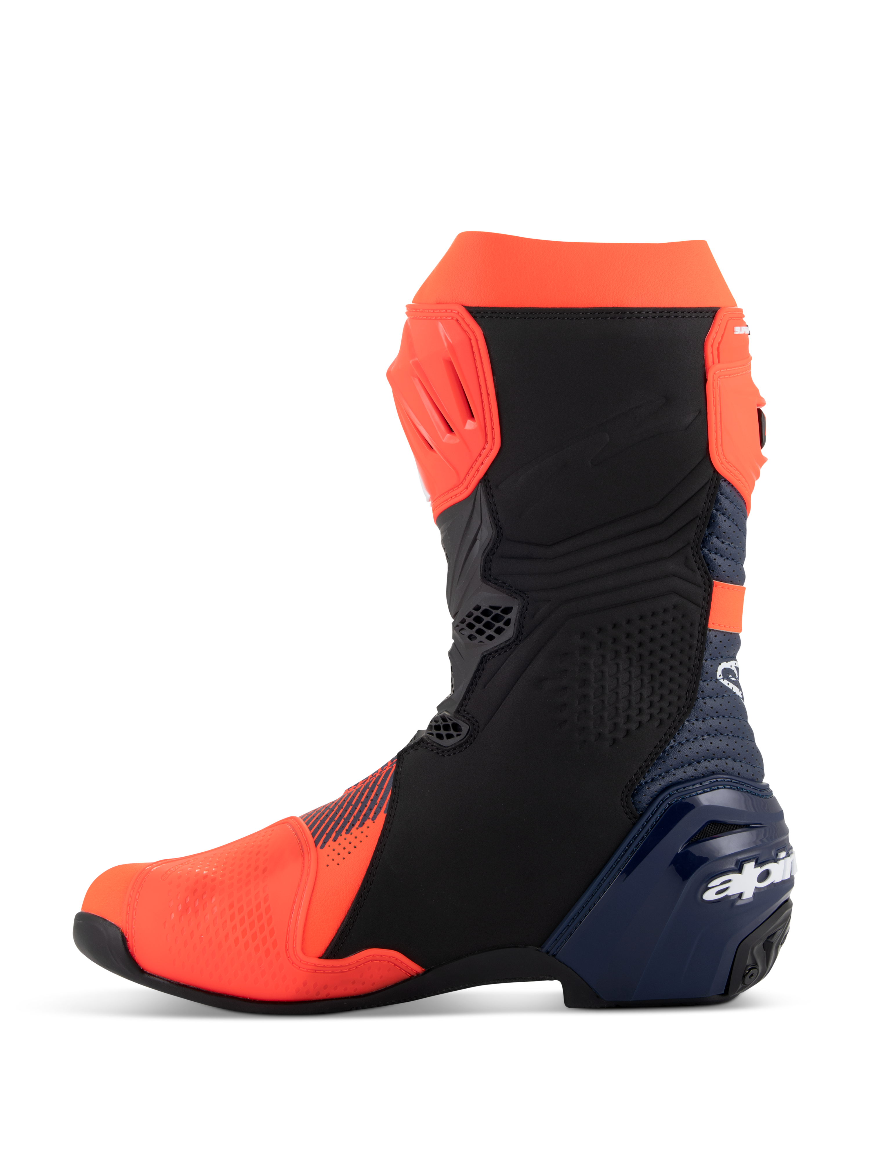 Alpinestars Supertech R Vented MM93 Replica laarzen, motor racelaarzen, fluo rood, donkerblauw en zwart, profielaanzicht binnenzijde, voorzien van geperforeerd microvezel bovenwerk, TPU-beschermingsplaten en een strak prestatiegericht ontwerp.