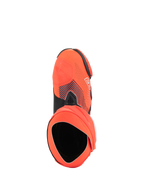 Alpinestars Supertech R Vented MM93 Replica motorlaarzen, hoogwaardige motorrace-laarzen, Red Fluo en donkerblauw, bovenaanzicht met de opening en structuur van de binnenlaars, geperforeerd microvezel bovenwerk met Marc Márquez signature graphics