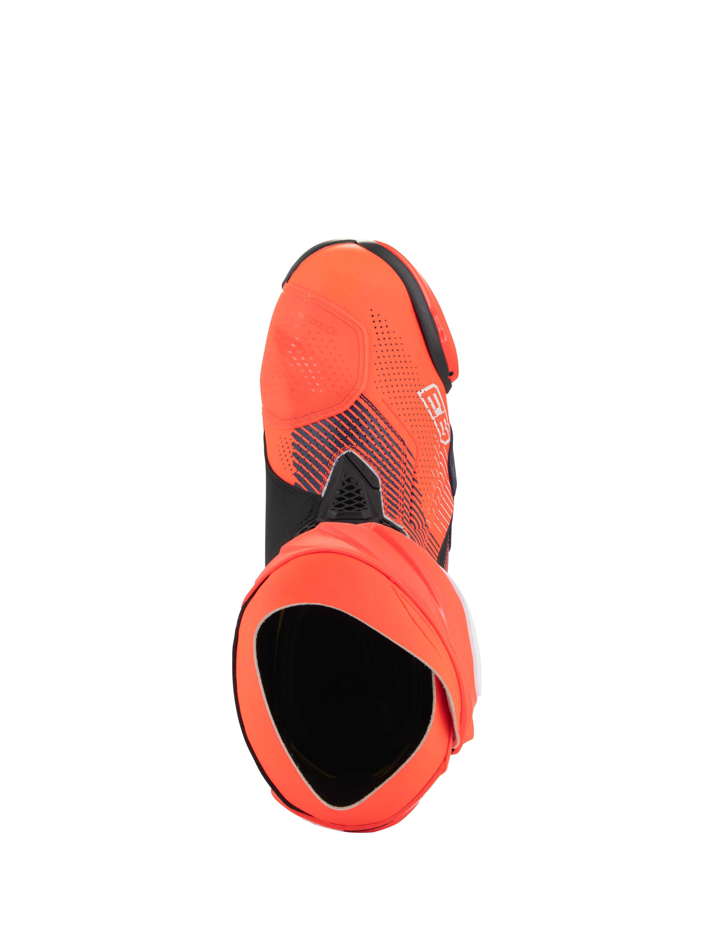 Alpinestars Supertech R Vented MM93 Replica motorlaarzen, hoogwaardige motorrace-laarzen, Red Fluo en donkerblauw, bovenaanzicht met de opening en structuur van de binnenlaars, geperforeerd microvezel bovenwerk met Marc Márquez signature graphics
