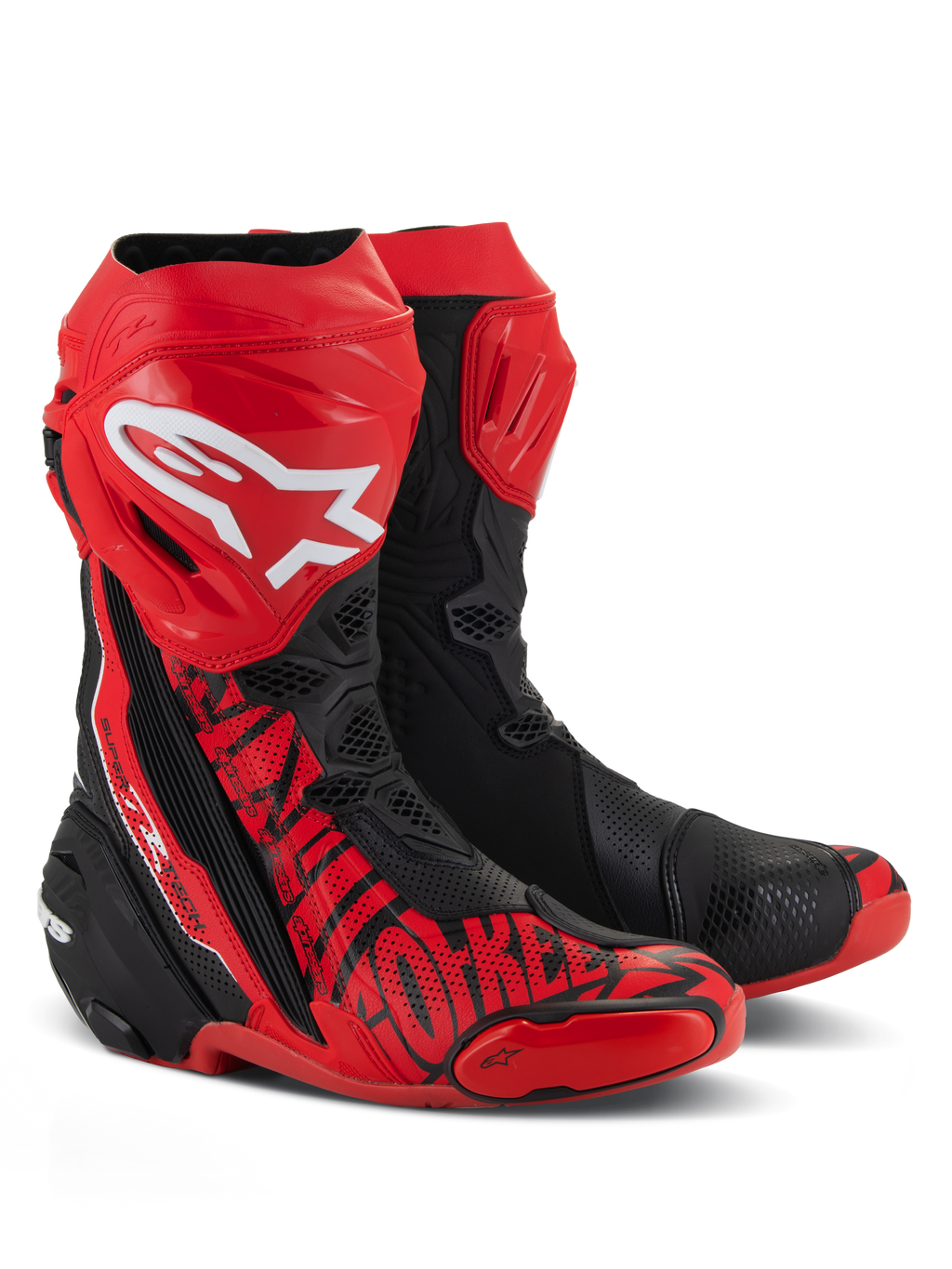 Alpinestars Supertech R LE Pecco Bagnaia Belüftete Stiefel, Racing-Motorradstiefel, Rot und Schwarz, mit großem weißen Alpinestars-Logo auf dem Schienbein, umfassenden Perforationen für optimale Belüftung und speziellen roten Grafiken an Zehen und Seite