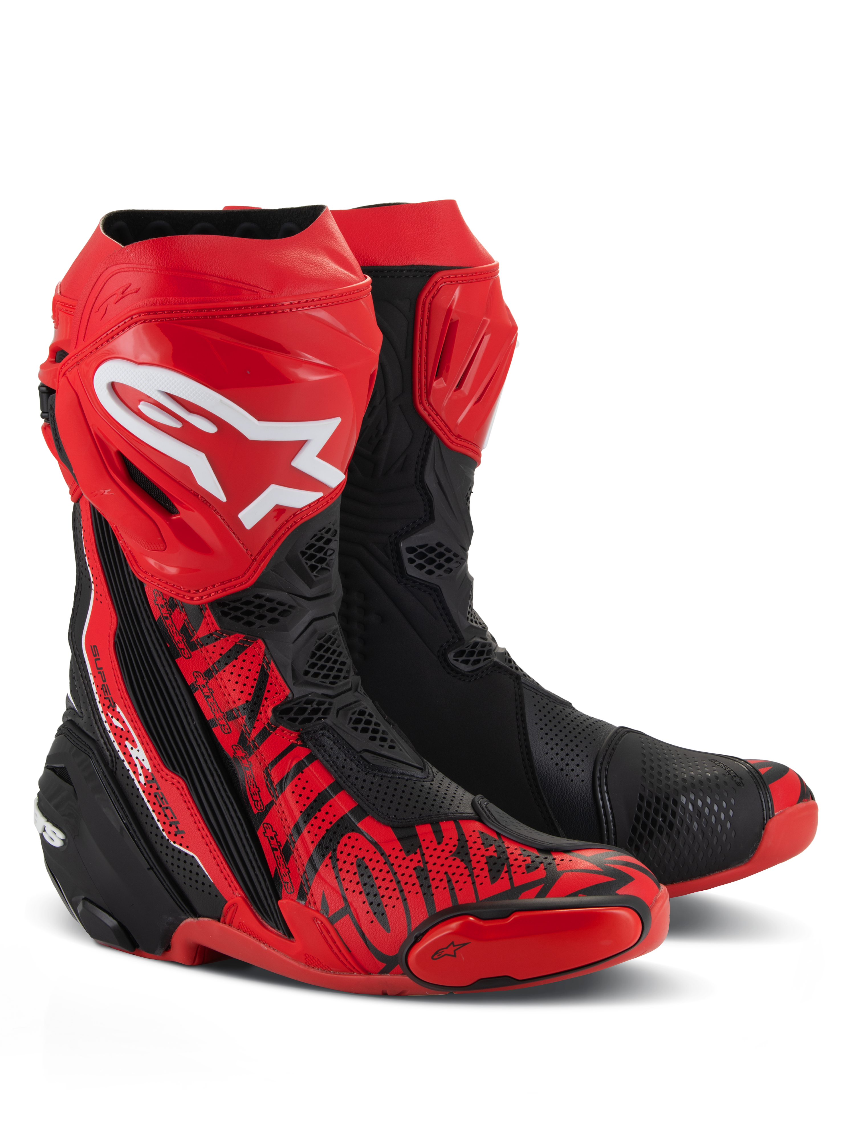 Alpinestars Supertech R LE Pecco Bagnaia Belüftete Stiefel, Racing-Motorradstiefel, Rot und Schwarz, mit großem weißen Alpinestars-Logo auf dem Schienbein, umfassenden Perforationen für optimale Belüftung und speziellen roten Grafiken an Zehen und Seite