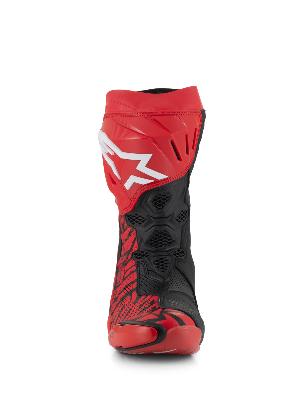 Alpinestars Supertech R LE Pecco Bagnaia Belüftete Stiefel, rot-schwarze Rennstiefel, Vorderansicht, mit einem großen weißen Alpinestars-Logo auf der roten Schienbeinplatte, schwarzen perforierten Mesh-Zonen für maximalen Luftstrom und markanten rot-schwarzen Grafikmustern.