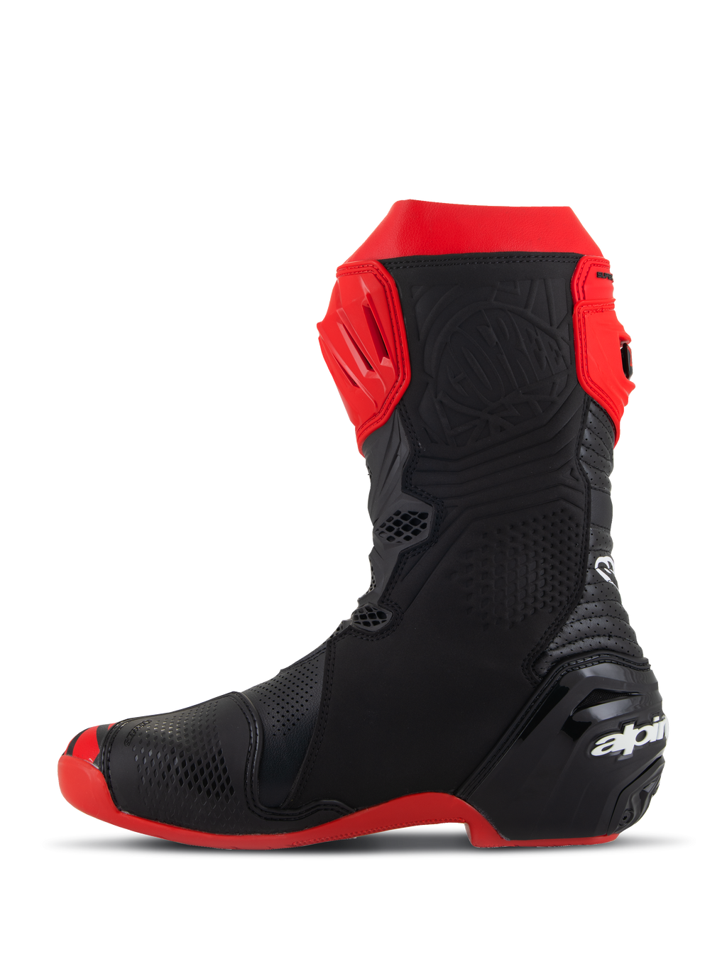 Alpinestars Supertech R LE Pecco Bagnaia Belüftete Stiefel, Racing-Motorradstiefel, Rot und Schwarz, Seitenprofilansicht, mit umfassenden Perforationen, roter TPU-Schienbeinplatte, verstärkter Ferse und roter Sohle, aerodynamisches Design für Hochleistungs-Rennsport