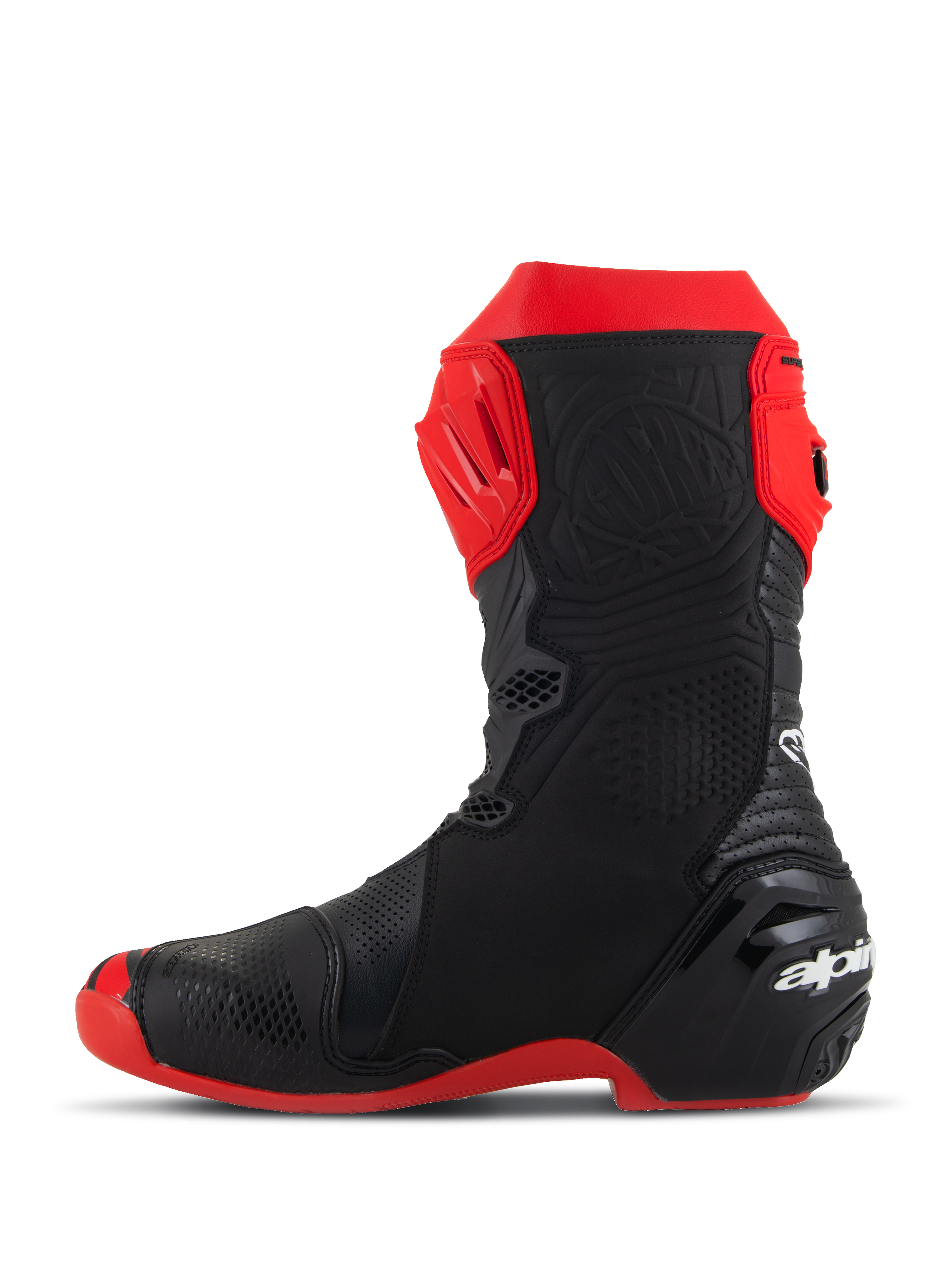 Alpinestars Supertech R LE Pecco Bagnaia Belüftete Stiefel, Racing-Motorradstiefel, Rot und Schwarz, Seitenprofilansicht, mit umfassenden Perforationen, roter TPU-Schienbeinplatte, verstärkter Ferse und roter Sohle, aerodynamisches Design für Hochleistungs-Rennsport