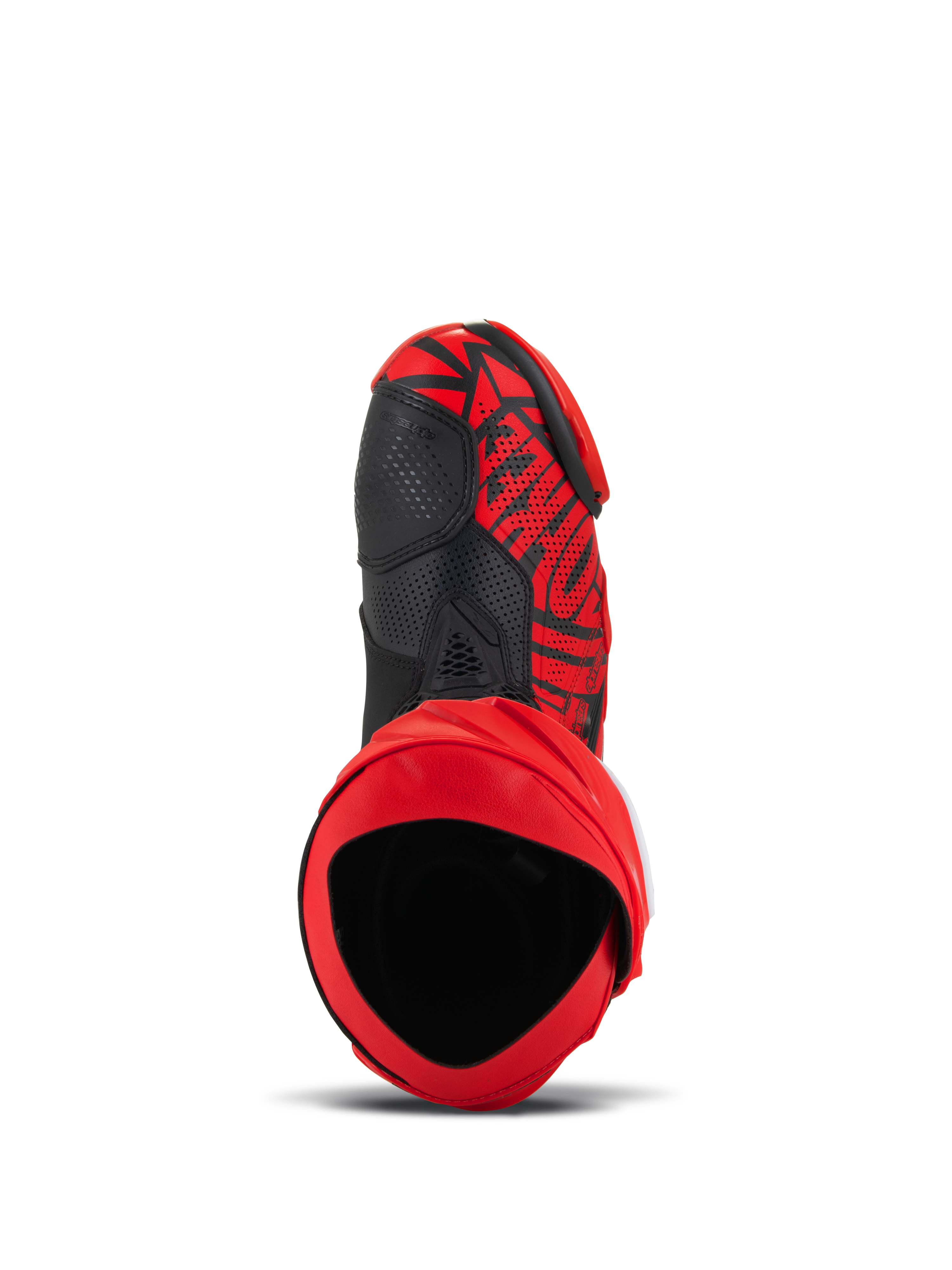 Alpinestars Supertech R LE Pecco Bagnaia Belüftete Stiefel, Rot und Schwarz, Draufsicht mit Innenansicht der Öffnung und perforiertem Mikrofaser-Obermaterial, auffälliges Grafikdesign mit schwarzen Akzenten, professionelle Motorrad-Rennausrüstung