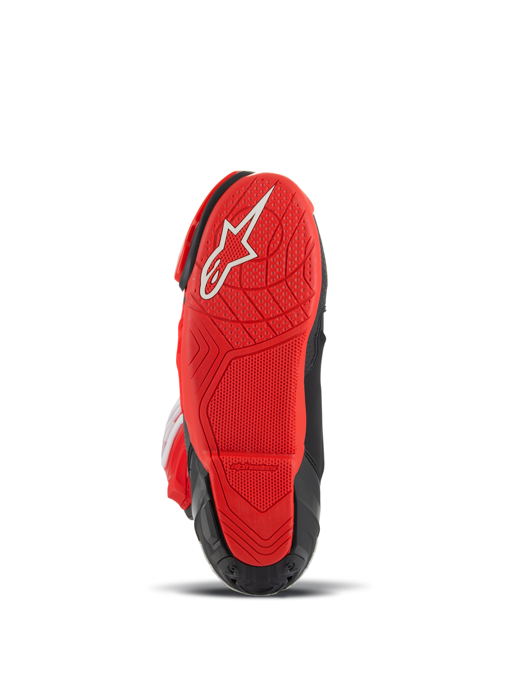 Alpinestars Supertech R LE Pecco Bagnaia belüftete Stiefel, Motorrad-Rennstiefel, Rot und Schwarz, Unteransicht mit roter Gummisohle, weißem Logo und texturierter Lauffläche für Grip