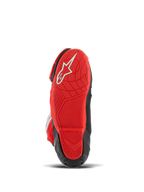 Alpinestars Supertech R LE Pecco Bagnaia belüftete Stiefel, Motorrad-Rennstiefel, Rot und Schwarz, Unteransicht mit roter Gummisohle, weißem Logo und texturierter Lauffläche für Grip