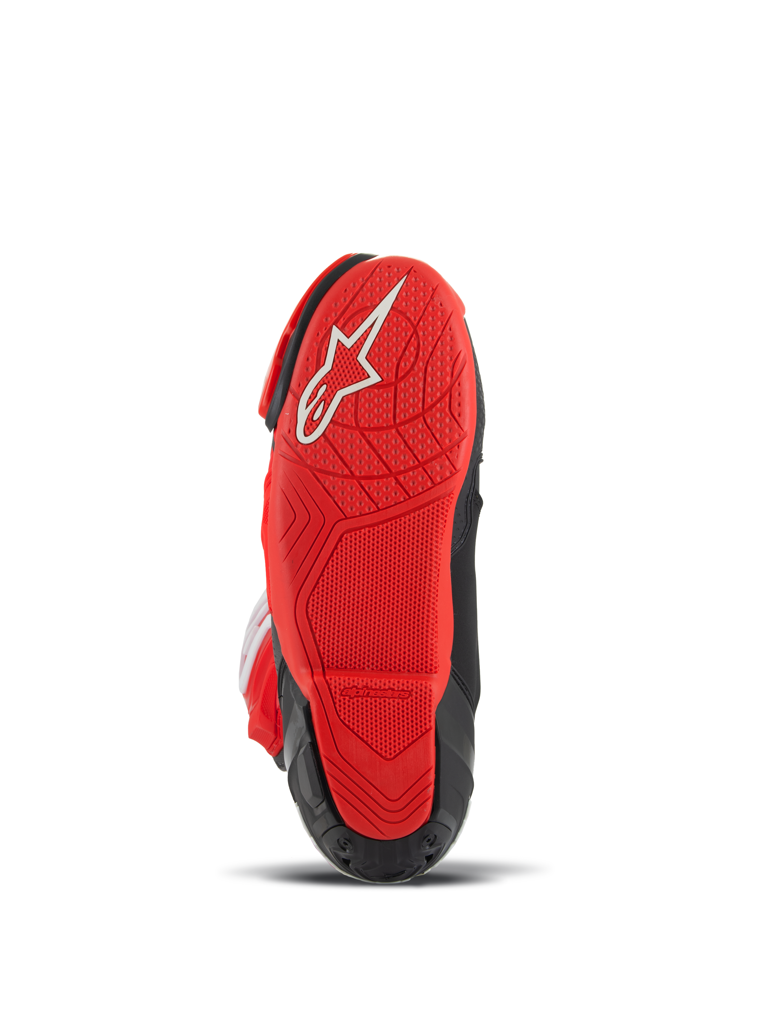 Alpinestars Supertech R LE Pecco Bagnaia belüftete Stiefel, Motorrad-Rennstiefel, Rot und Schwarz, Unteransicht mit roter Gummisohle, weißem Logo und texturierter Lauffläche für Grip