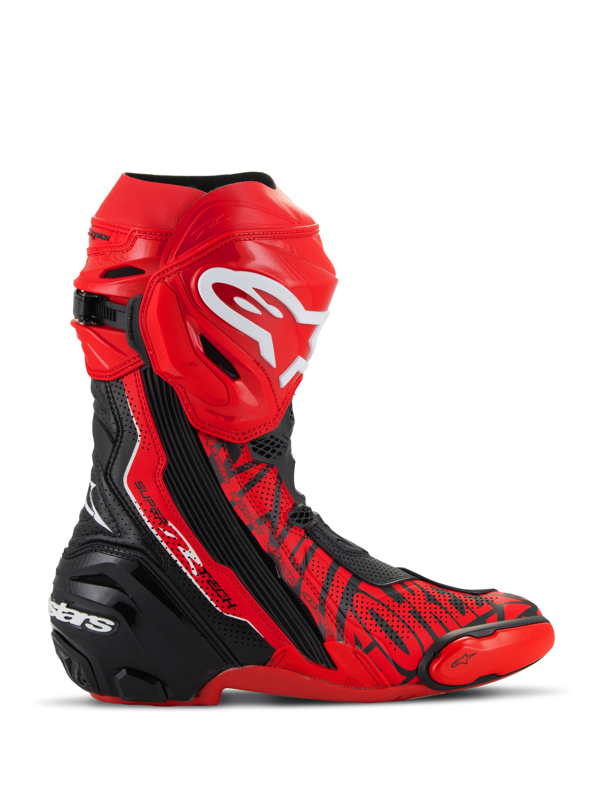 Alpinestars Supertech R LE Pecco Bagnaia Vented Boots, MotoGP Racing Boots, Red with Black and White accents, featuring perforated microfiber construction for airflow, red TPU shin plate with white logo, black reinforced heel, and replaceable toe sliders, professional track-focused design
