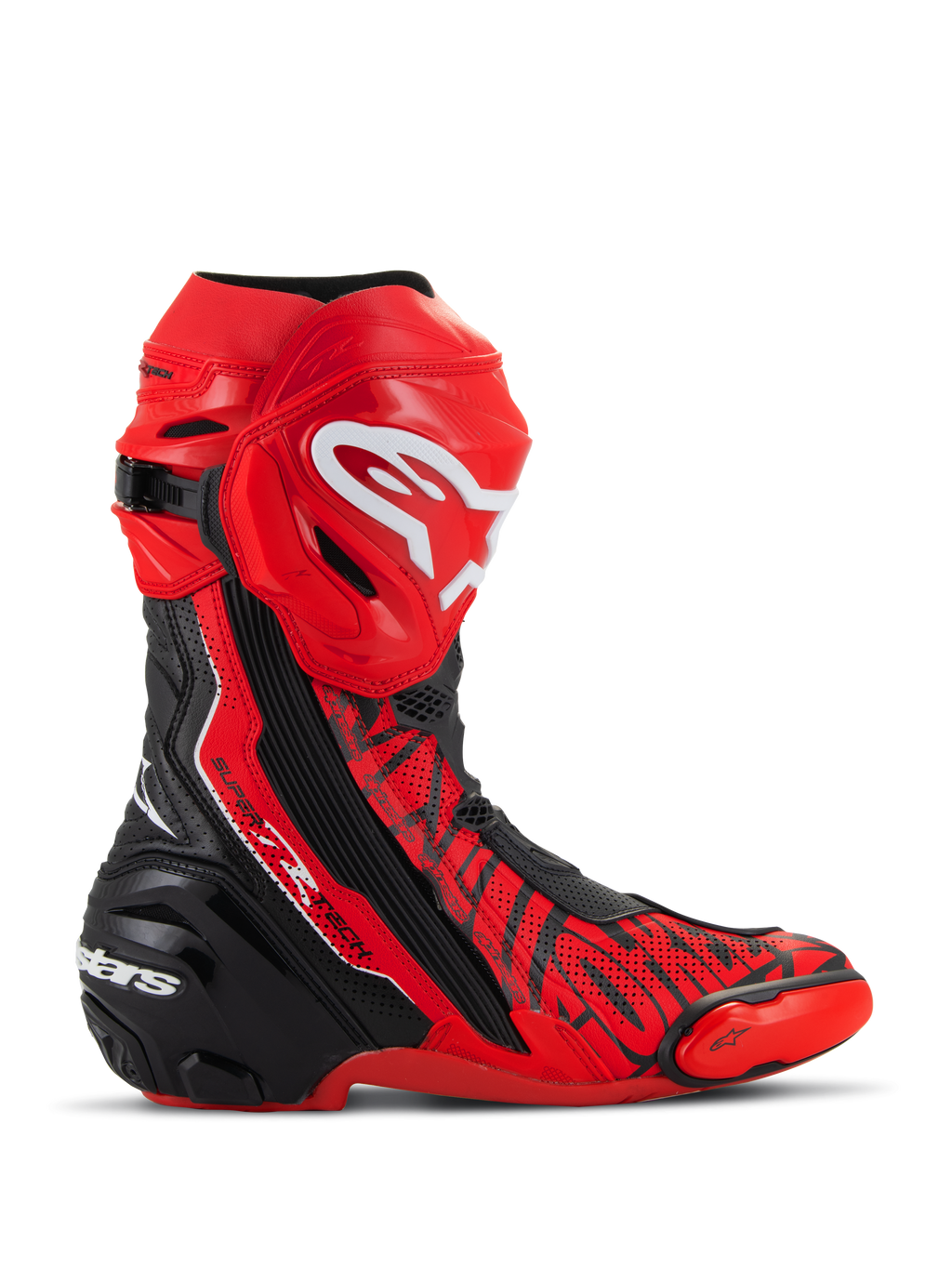 Alpinestars Supertech R LE Pecco Bagnaia Belüftete Stiefel, MotoGP-Rennstiefel, Rot mit schwarzen und weißen Akzenten, mit perforierter Mikrofaser-Konstruktion für optimale Belüftung, roter TPU-Schienbeinplatte mit weißem Logo, schwarzer verstärkter Ferse und austauschbaren Zehenschleifern, professionelles rennstreckenorientiertes Design