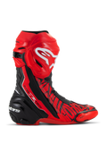 Alpinestars Supertech R LE Pecco Bagnaia Belüftete Stiefel, MotoGP-Rennstiefel, Rot mit schwarzen und weißen Akzenten, mit perforierter Mikrofaser-Konstruktion für optimale Belüftung, roter TPU-Schienbeinplatte mit weißem Logo, schwarzer verstärkter Ferse und austauschbaren Zehenschleifern, professionelles rennstreckenorientiertes Design