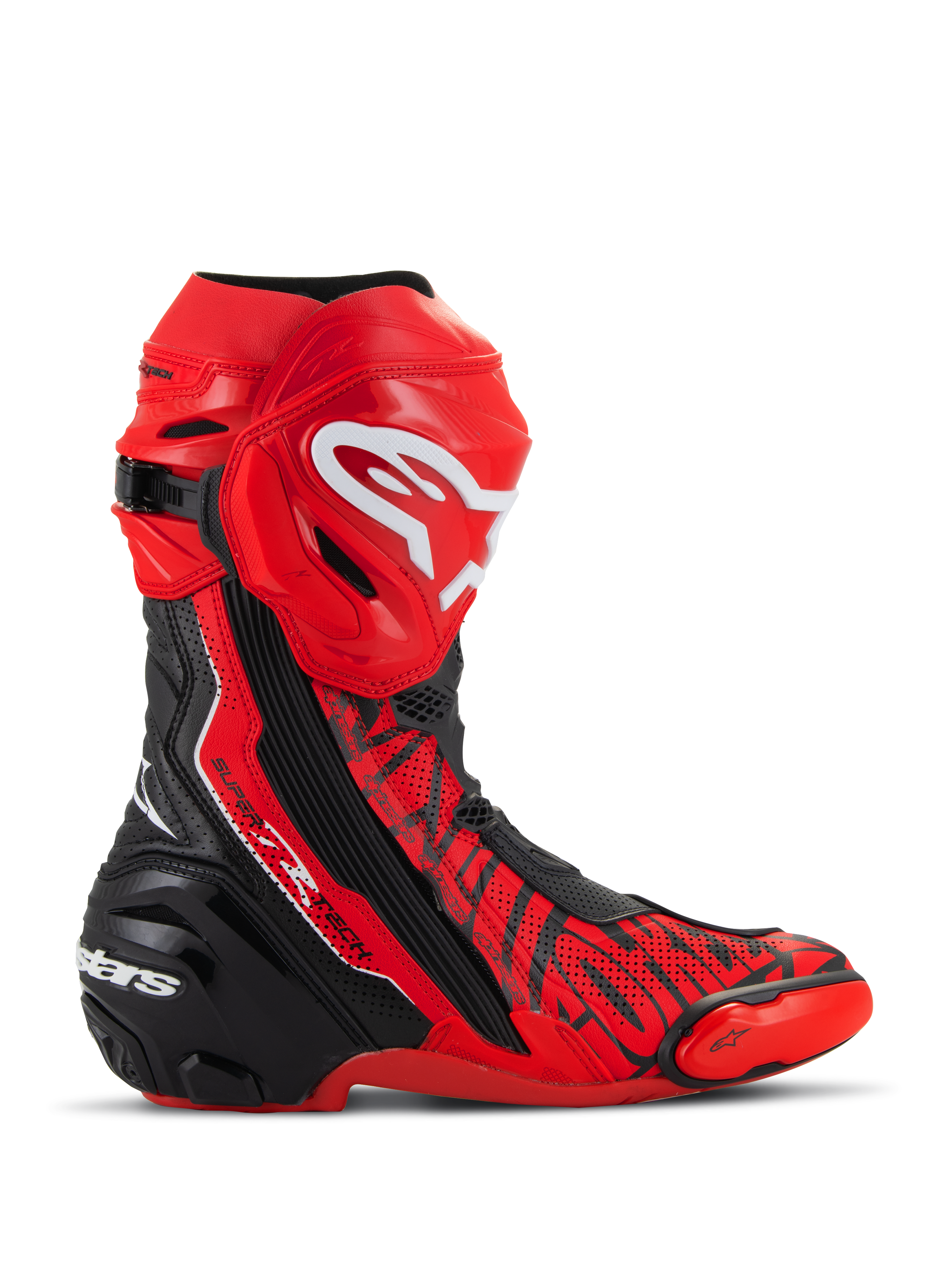 Alpinestars Supertech R LE Pecco Bagnaia Belüftete Stiefel, MotoGP-Rennstiefel, Rot mit schwarzen und weißen Akzenten, mit perforierter Mikrofaser-Konstruktion für optimale Belüftung, roter TPU-Schienbeinplatte mit weißem Logo, schwarzer verstärkter Ferse und austauschbaren Zehenschleifern, professionelles rennstreckenorientiertes Design