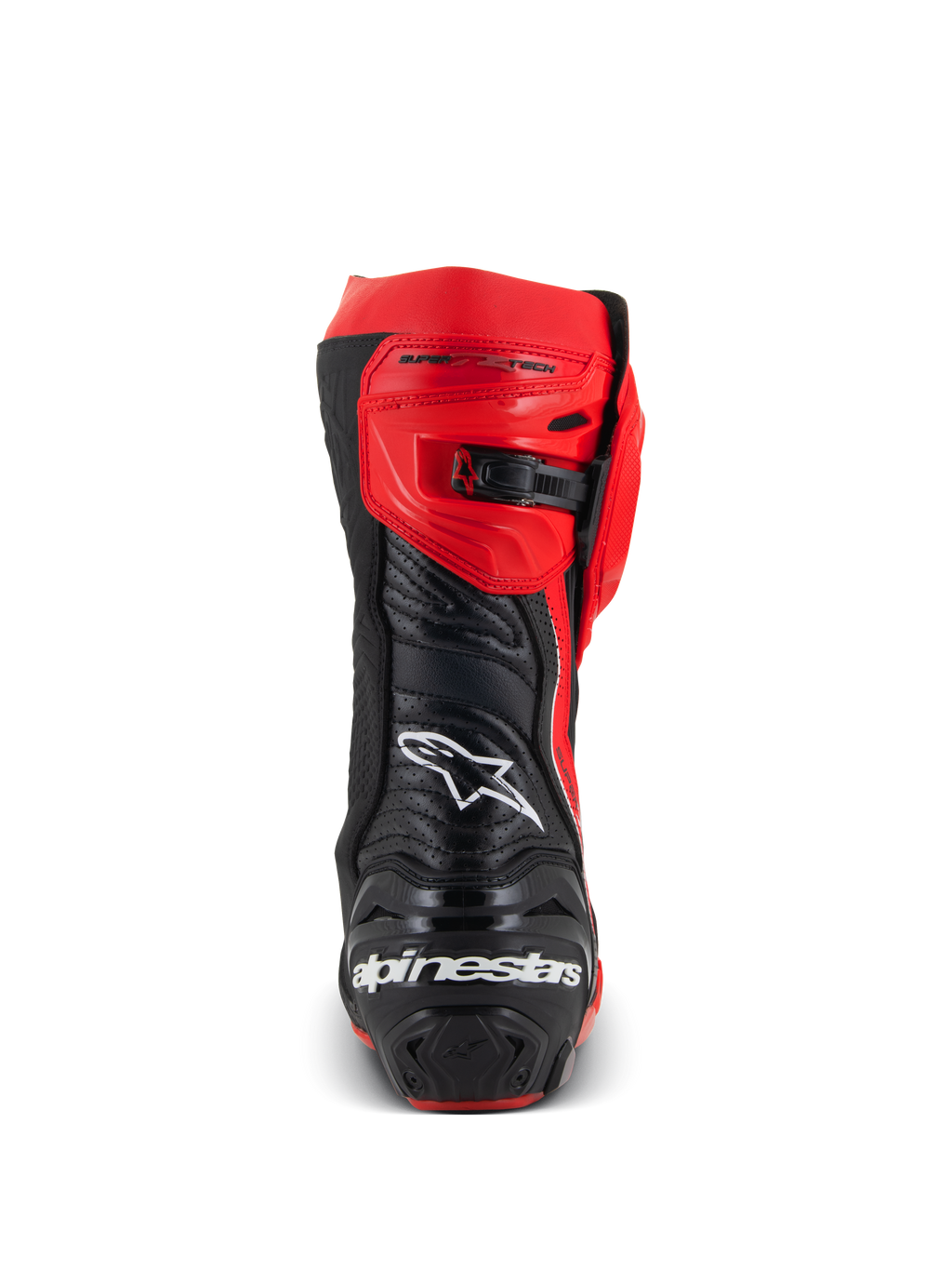Alpinestars Supertech R LE Pecco Bagnaia Belüftete Stiefel, Rückansicht eines rot-schwarzen Motorrad-Rennstiefels, perforiertes Lederdesign, weißes Alpinestars-Logo auf der Rückseite, verstellbarer Ratschenverschluss, professionelle Rennausrüstung