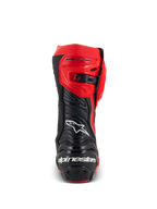 Alpinestars Supertech R LE Pecco Bagnaia Belüftete Stiefel, Rückansicht eines rot-schwarzen Motorrad-Rennstiefels, perforiertes Lederdesign, weißes Alpinestars-Logo auf der Rückseite, verstellbarer Ratschenverschluss, professionelle Rennausrüstung
