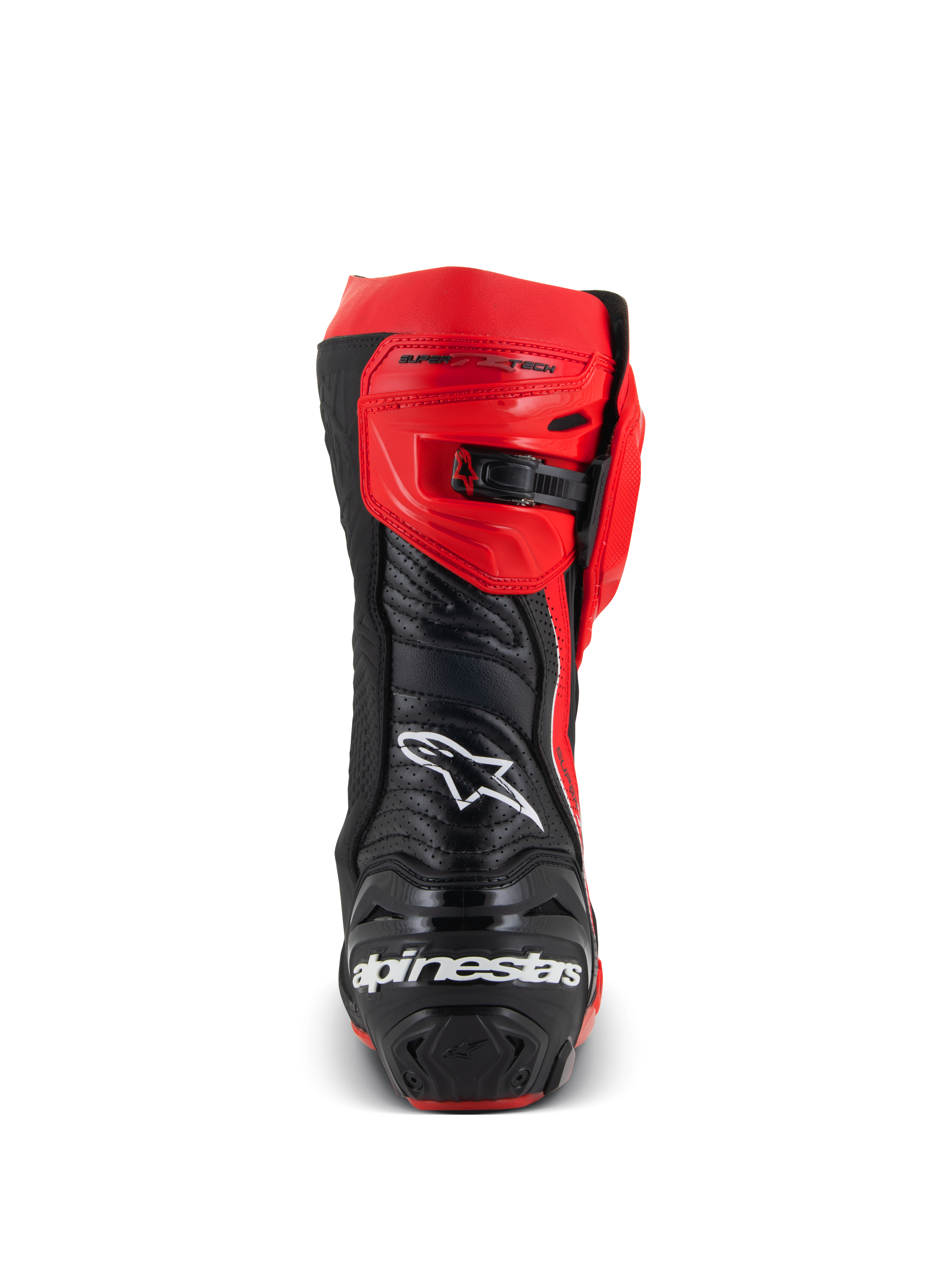 Alpinestars Supertech R LE Pecco Bagnaia Belüftete Stiefel, Rückansicht eines rot-schwarzen Motorrad-Rennstiefels, perforiertes Lederdesign, weißes Alpinestars-Logo auf der Rückseite, verstellbarer Ratschenverschluss, professionelle Rennausrüstung