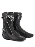Alpinestars SMX Plus V2 laarzen, motorrace-laarzen, zwart met wit logo op het scheenbeen, hoog enkelontwerp, versterkte teensliders en hielbescherming, zijritssluiting, geribbelde accordeonpanelen voor flexibiliteit, aerodynamische constructie
