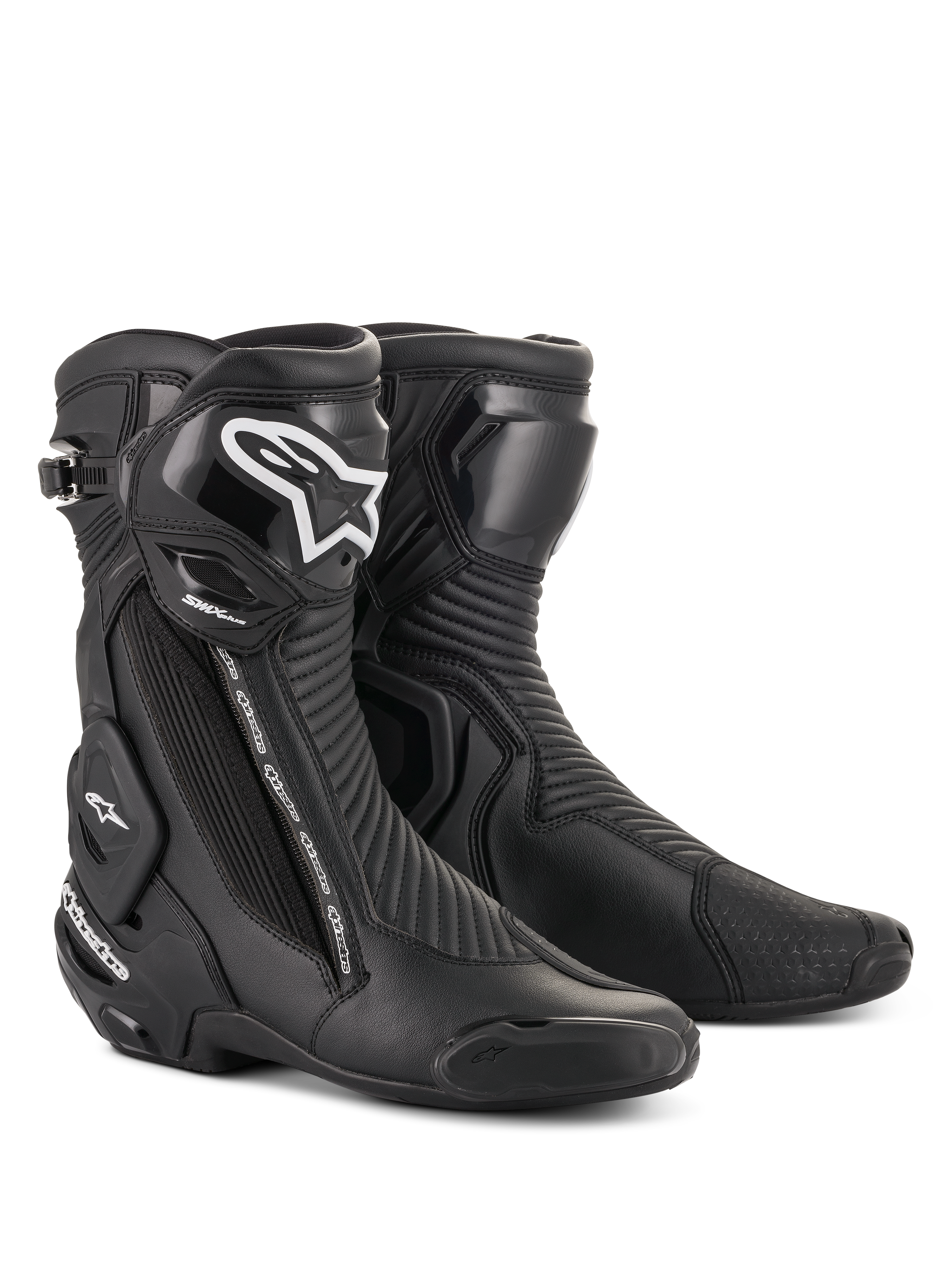 Alpinestars SMX Plus V2 Stiefel, Motorrad-Rennstiefel, Schwarz mit weißem Logo auf dem Schienbein, hohes Knöcheldesign, verstärkte Zehenschleifer und Fersenschutz, seitlicher Reißverschluss, gerippte Akkordeon-Flexzonen für Flexibilität, aerodynamische Konstruktion