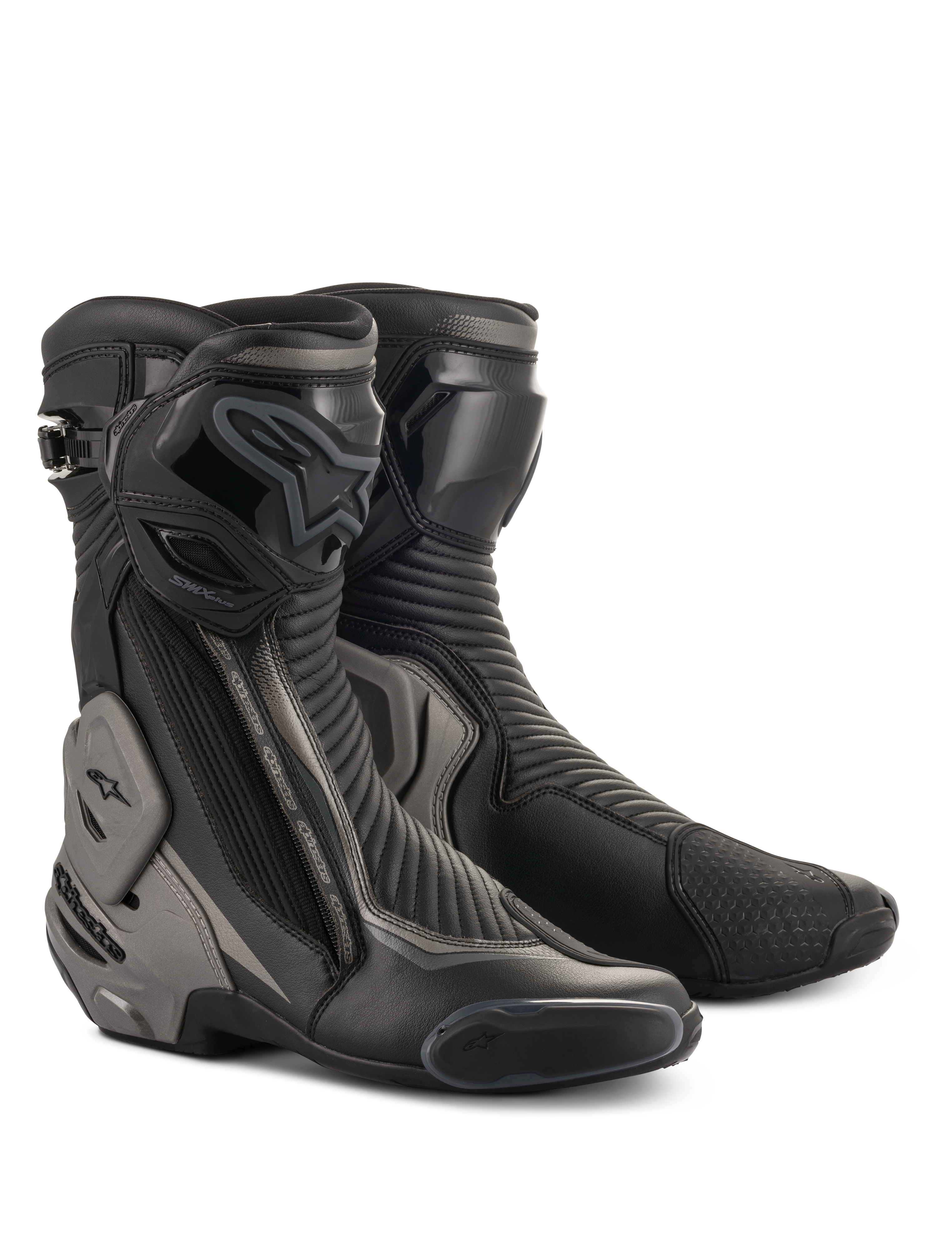 Alpinestars SMX Plus V2 laarzen, race- en sportmotorlaarzen, zwart en donkergrijs, voorzien van geavanceerde Multi-Link Control enkelbescherming, TPU scheenplaat en vervangbare sliders, gestroomlijnde microvezelconstructie voor op de weg