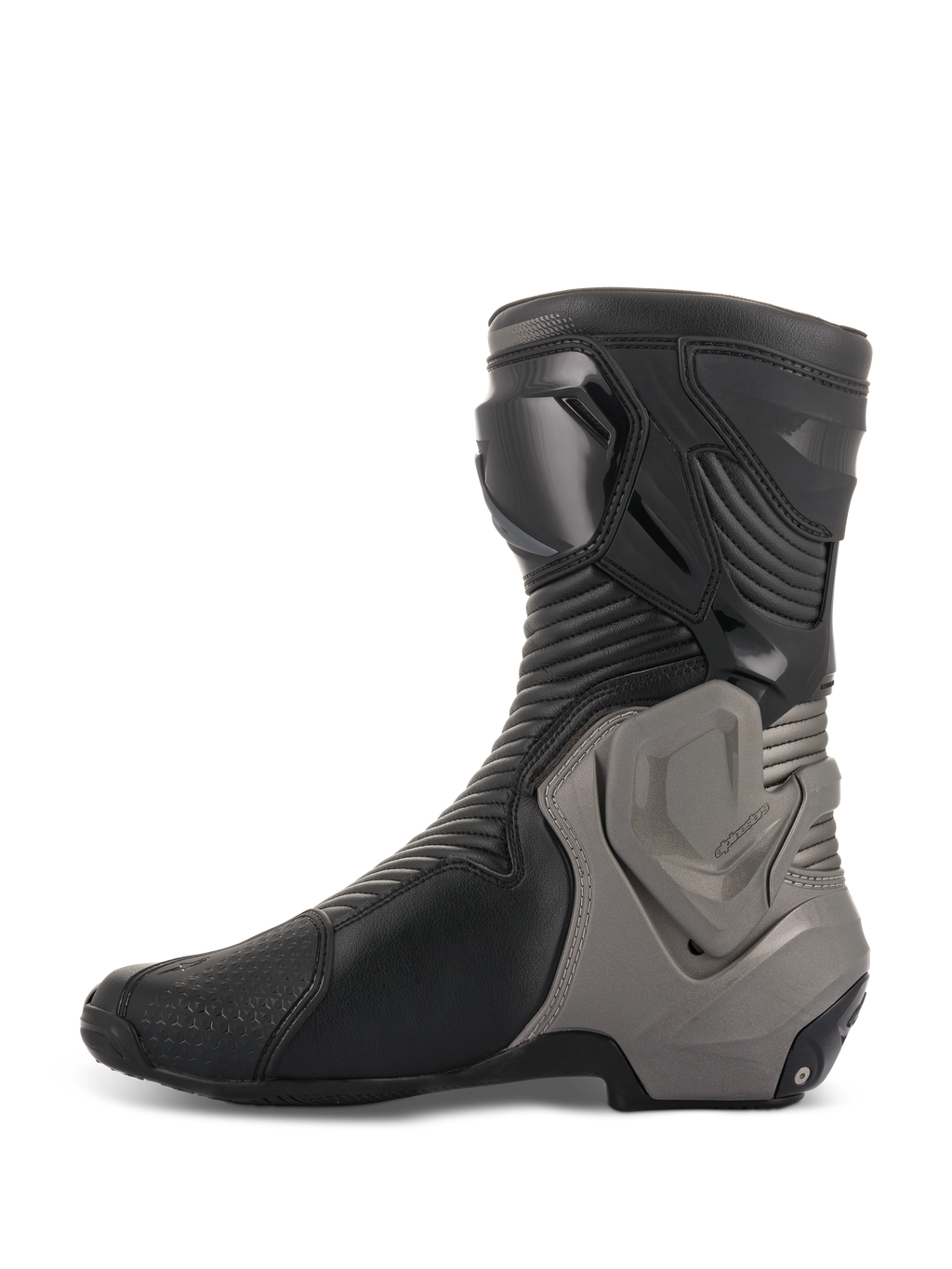 Alpinestars SMX Plus V2 laarzen, race-motorlaarzen, zwart en donkergrijs, zijprofiel met microvezel bovenwerk, accordeon-flexpanelen en grijs Multi-Link Control enkelbeschermingssysteem