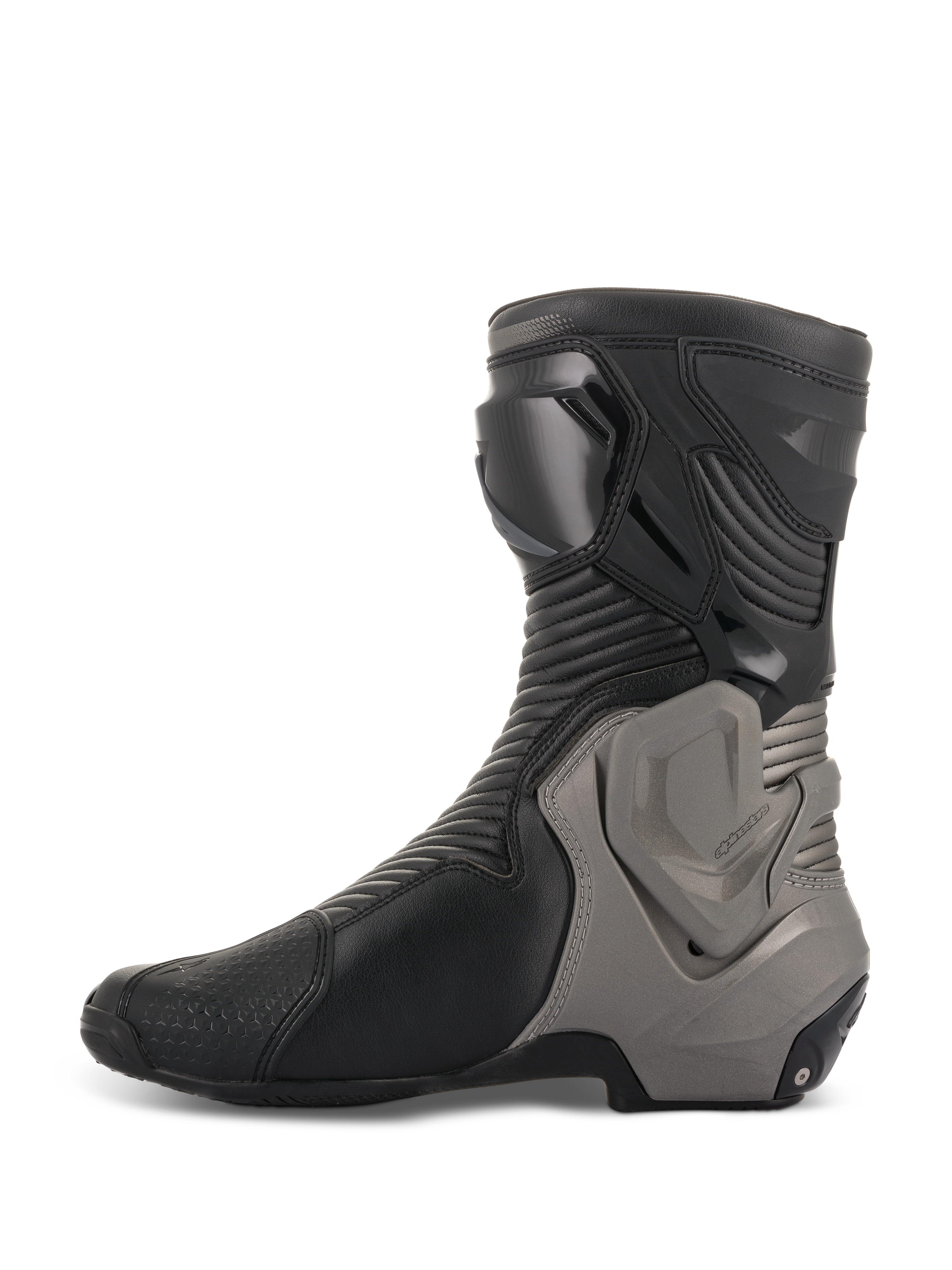 Alpinestars SMX Plus V2 laarzen, race-motorlaarzen, zwart en donkergrijs, zijprofiel met microvezel bovenwerk, accordeon-flexpanelen en grijs Multi-Link Control enkelbeschermingssysteem