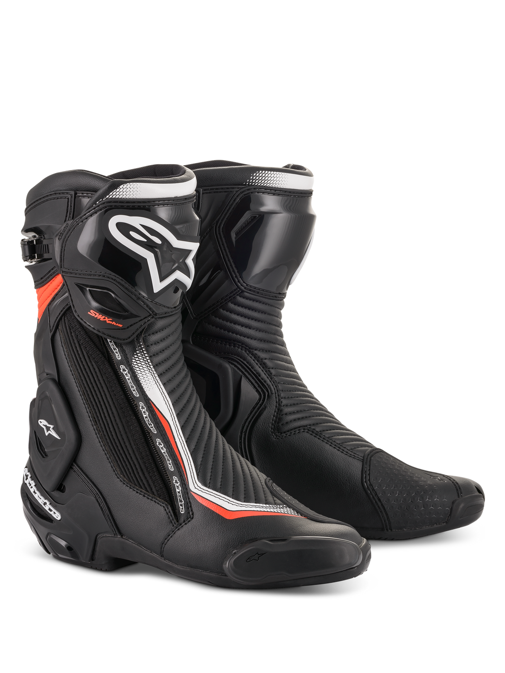 Alpinestars SMX Plus V2, bottes de moto pour course, noires, blanches et rouge fluo, protection TPU et système Multi-Link Control, certifiées CE.
