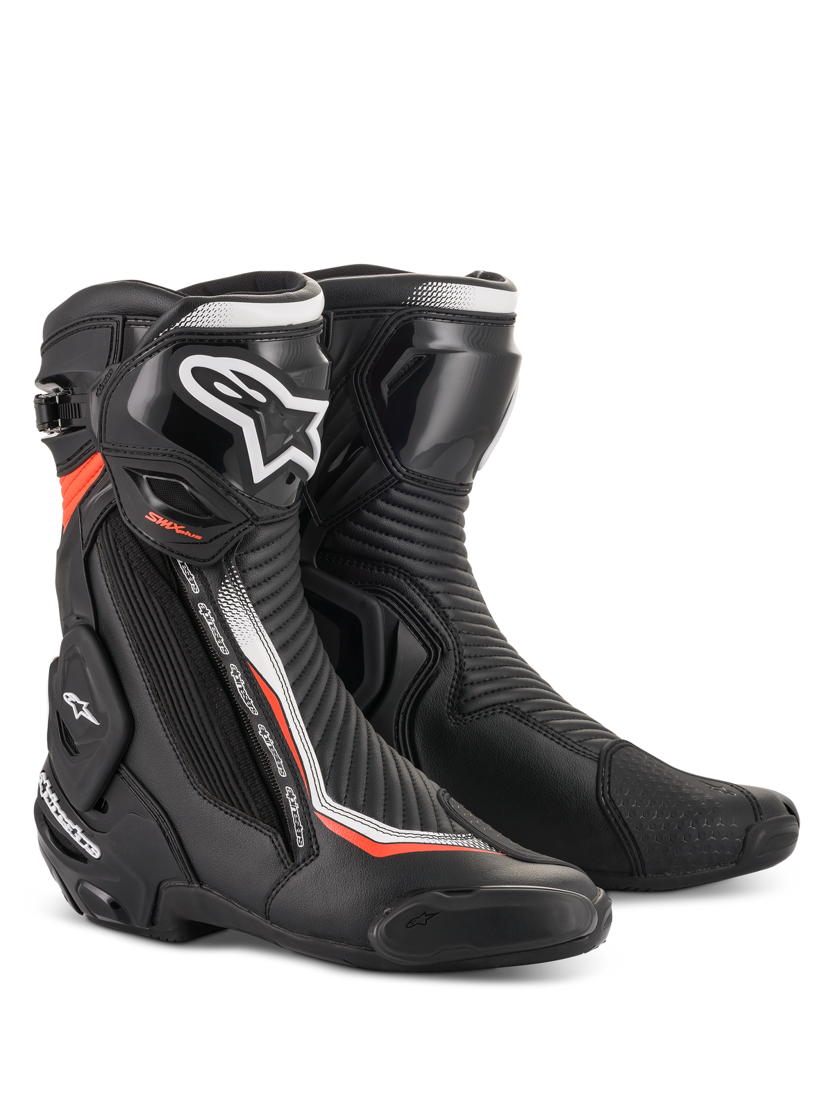 Alpinestars SMX Plus V2 Motorradrennstiefel in Schwarz, Weiß und fluoreszierendem Rot mit TPU-Schutz.