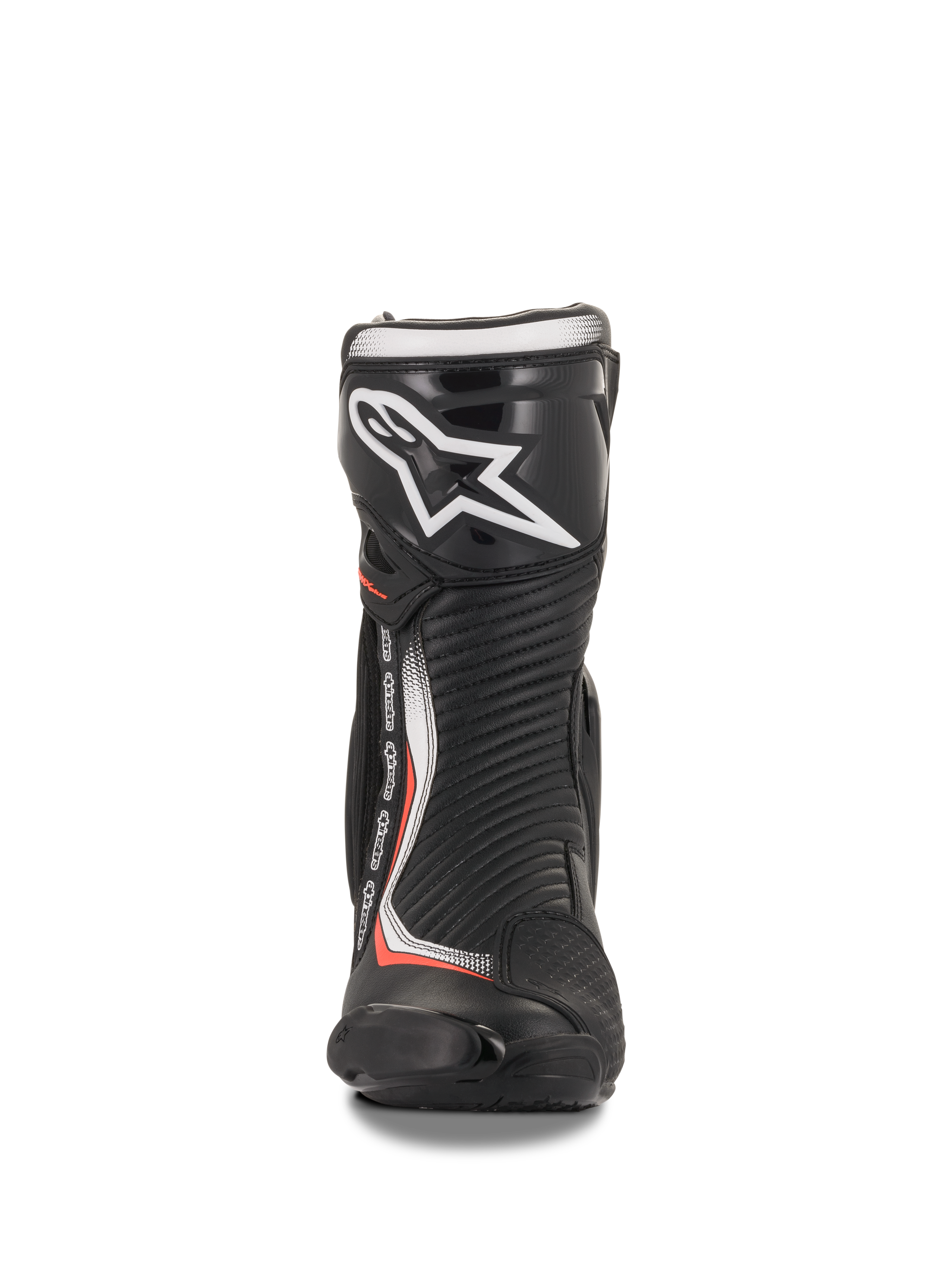 Alpinestars SMX Plus V2, bottes de moto racing noires et rouges fluorescentes, microfibre et TPU, vue de face.