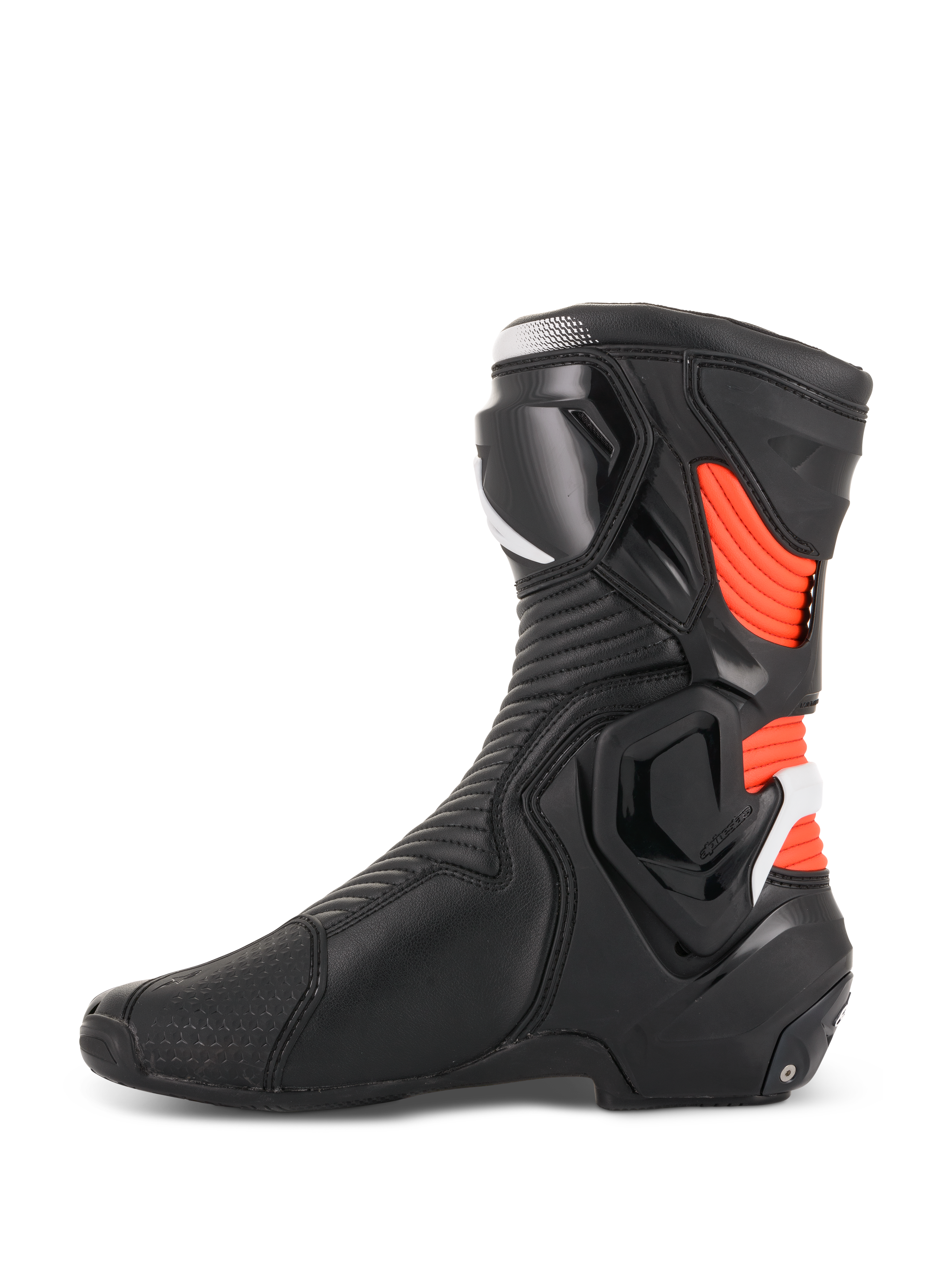 Alpinestars SMX Plus V2, bottes de moto racing pour homme, noires et rouges fluo, profil latéral avec protections TPU.