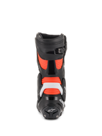 Alpinestars SMX Plus V2, bottes de moto de course noires, blanches et rouges fluo, vue arrière avec protections TPU.