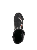 Alpinestars SMX Plus V2, bottes de moto racing noires et rouge fluo, vue de dessus de l'intérieur rembourré et des orteils.