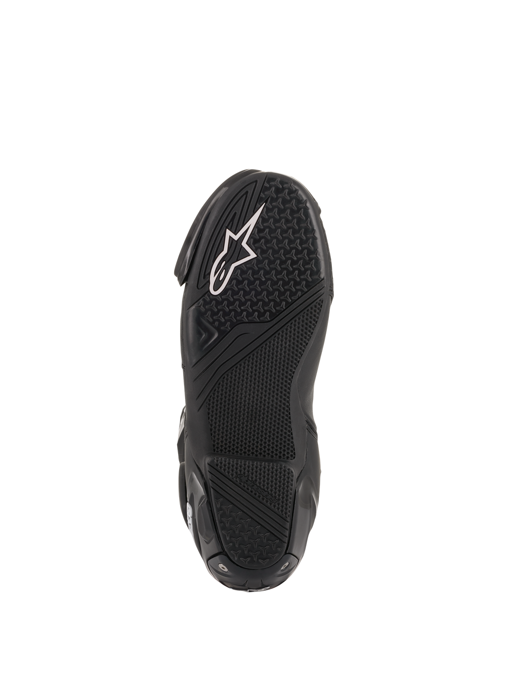 Alpinestars SMX Plus V2, bottes de moto racing pour homme, noires et blanches, vue de la semelle en caoutchouc noir texturé à haute adhérence