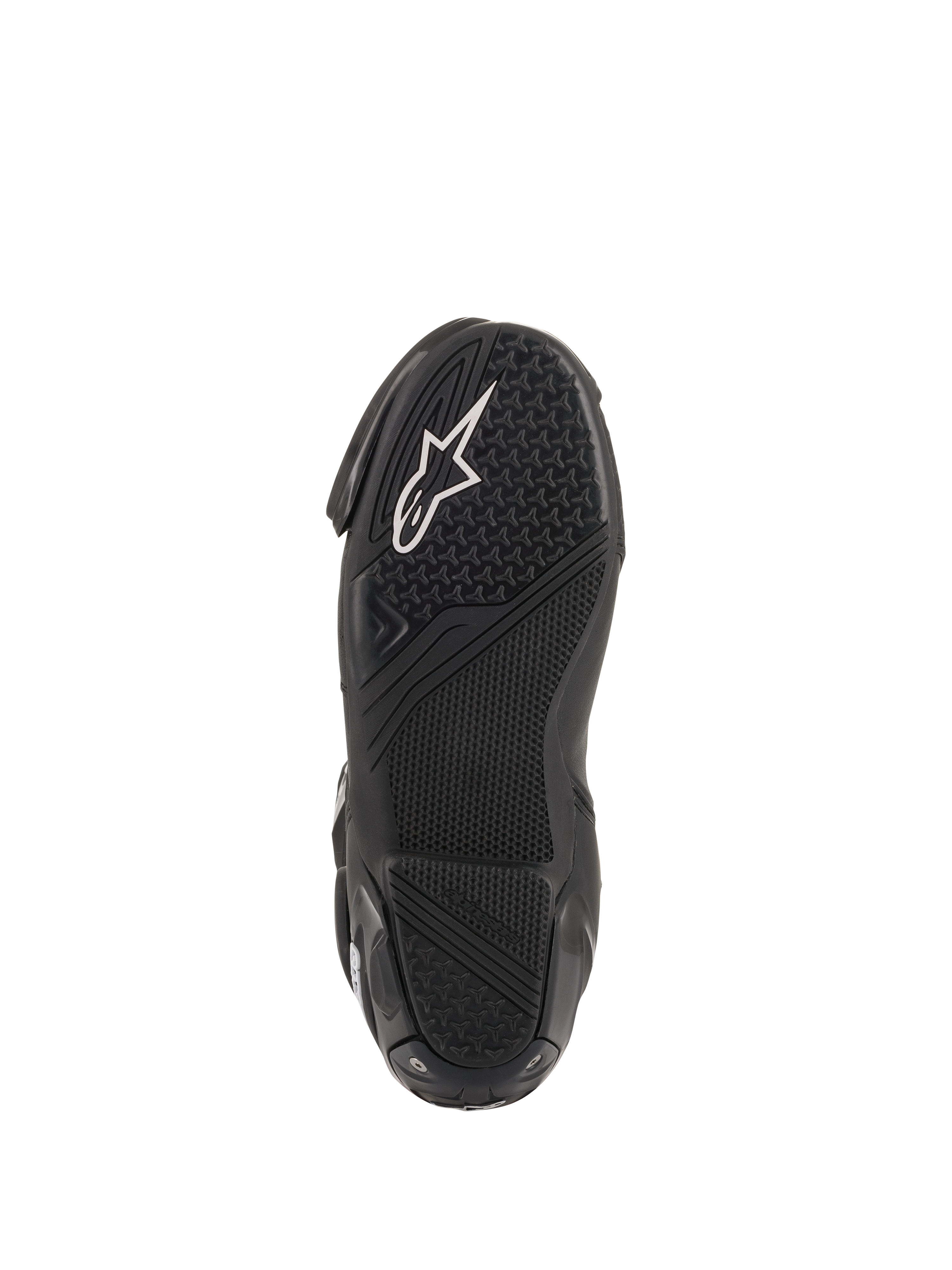 Alpinestars SMX Plus V2, bottes de moto racing pour homme, noires et blanches, vue de la semelle en caoutchouc noir texturé à haute adhérence