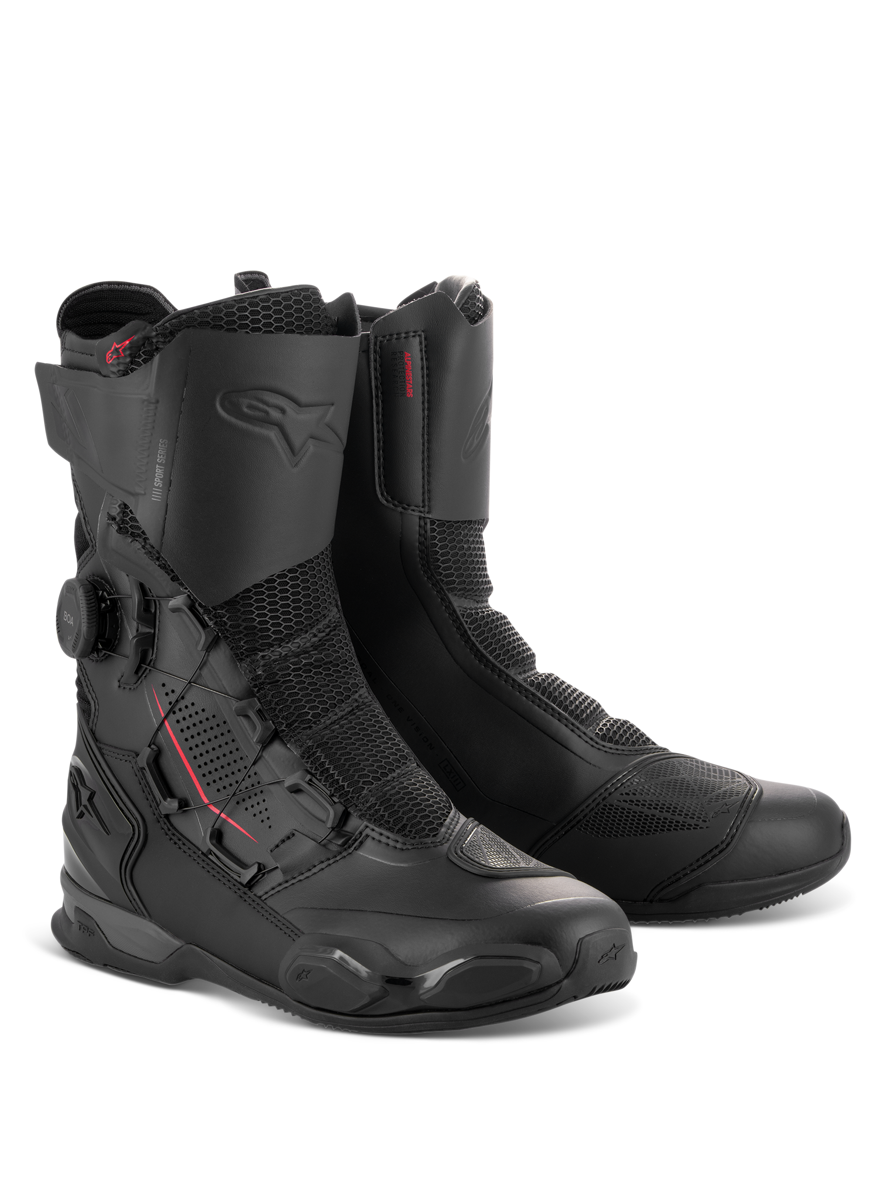 Bottes Alpinestars SP-X BOA, bottes de moto sport mi-hautes en noir, avec système de fermeture BOA latéral, empiècements en maille Rideknit et protections renforcées en TPU pour la route