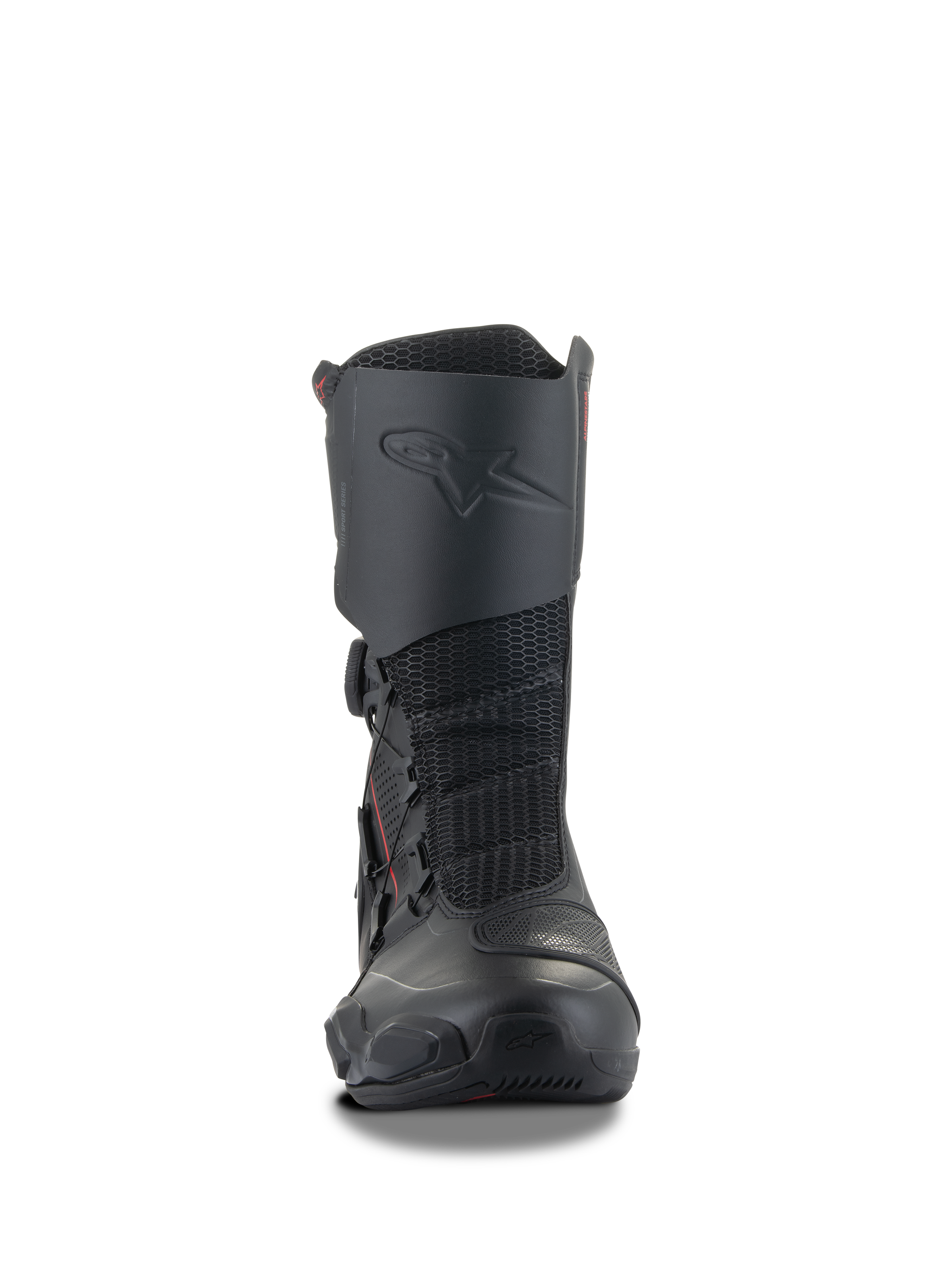 Bottes Alpinestars SP-X BOA®, bottes de sport moto noires, design mi-hauteur avec protège-tibia intégré, panneaux flexibles en maille et système de fermeture latéral BOA, profil ergonomique élégant pour le sport touring