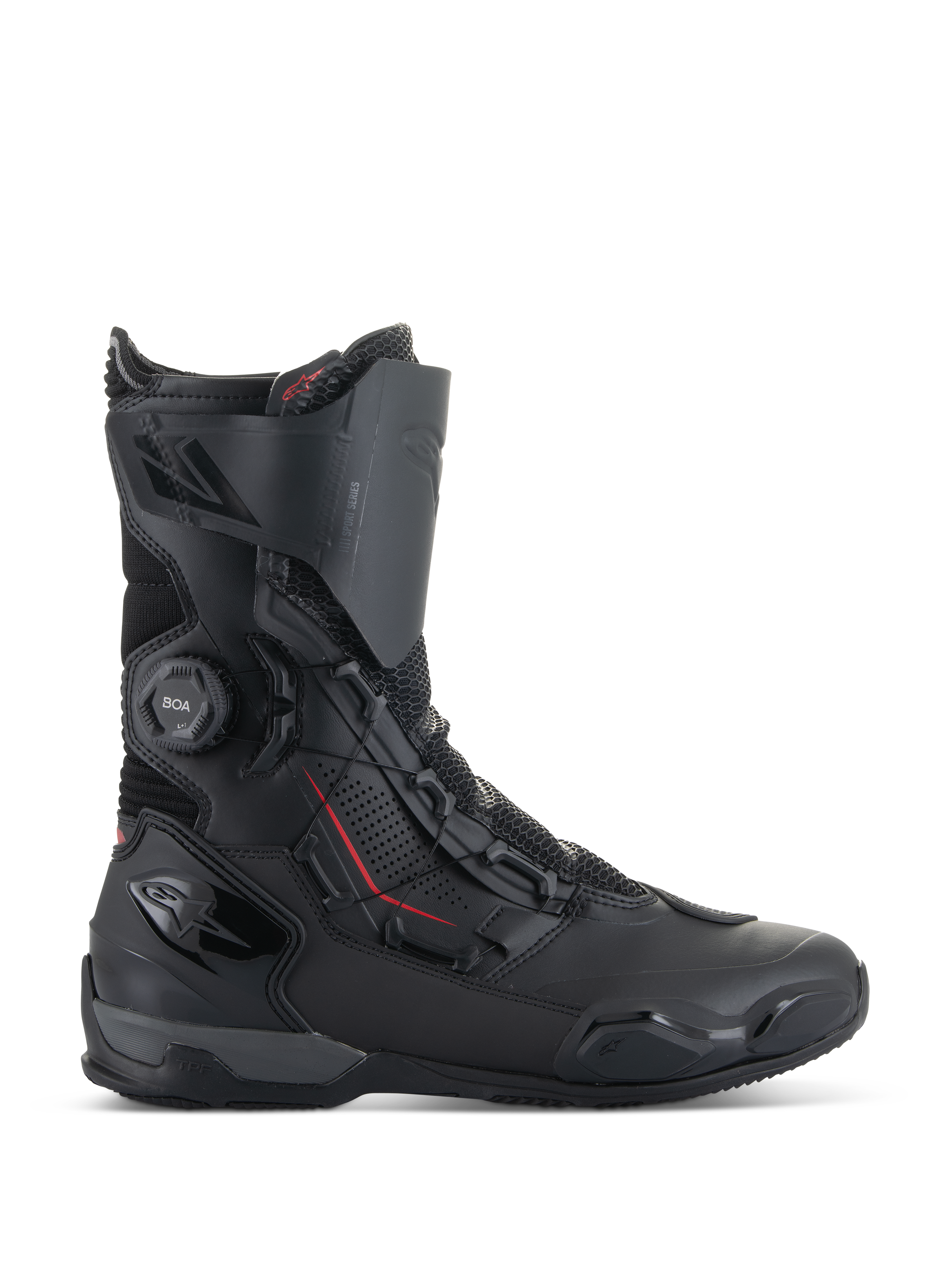 Bottes Alpinestars SP-X BOA®, bottes de moto sport, noires avec accents rouges, molette du système de fermeture BOA®, construction mi-hauteur avec panneaux en microfibre et mesh, protection du talon et des orteils en TPU, design épuré pour la conduite sur route