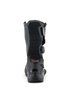 Bottes Alpinestars SP-X BOA, bottes de sport moto mi-hautes, noir, vue arrière mettant en avant le panneau flexible en accordéon nervuré, le contrefort de talon en TPU renforcé et la molette latérale du système BOA Fit